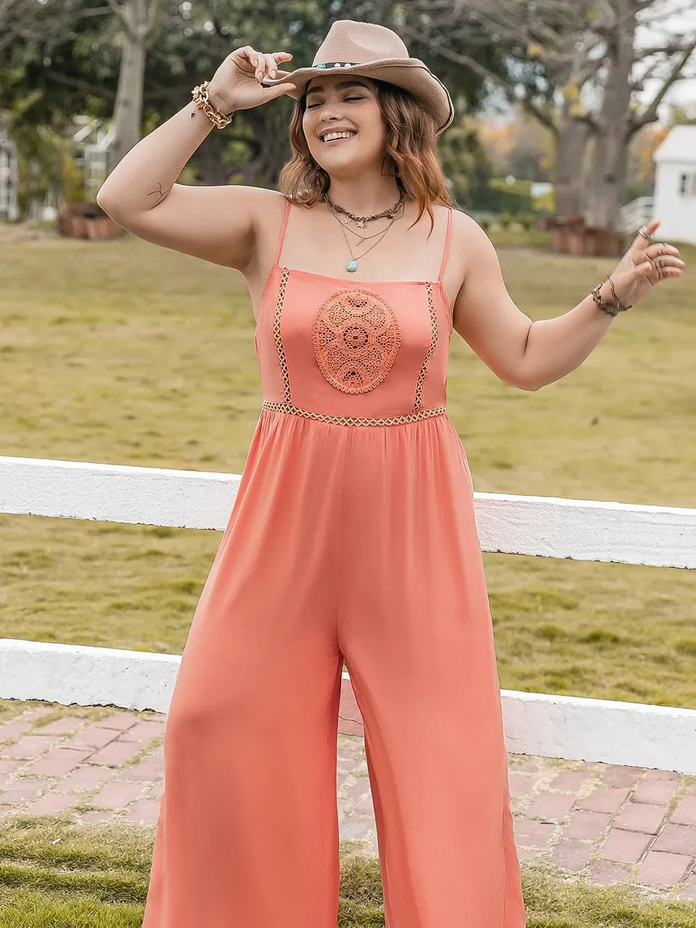 Lace Detail Spaghetti Strap Wide Leg Jumpsuit