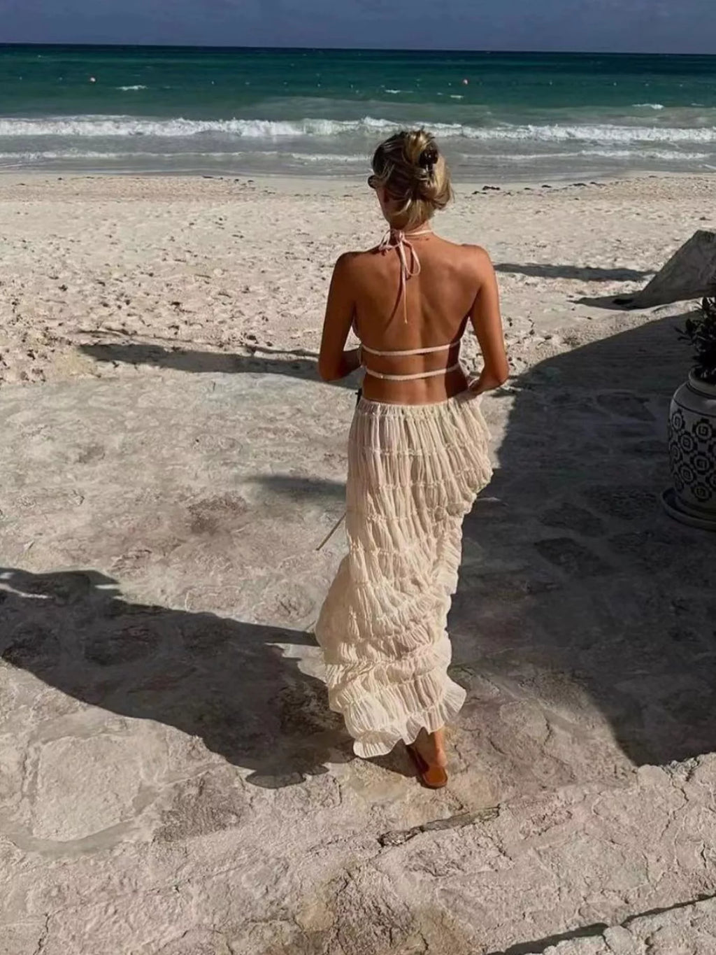 Boho Chic Ruffled Halter Crop Top and Maxi Skirt Set