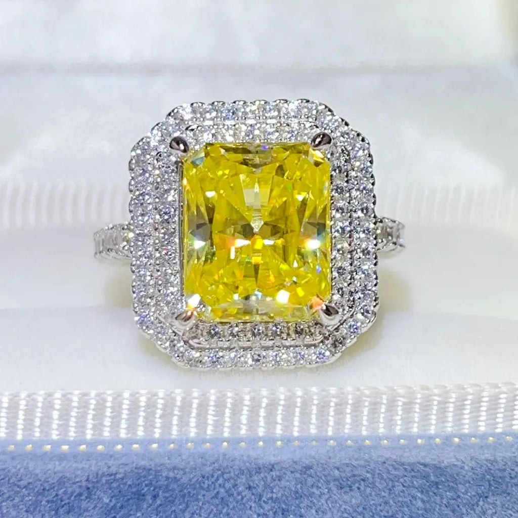 2 Carat Rectangle-Cut Yellow Moissanite Halo Ring in 925 Silver