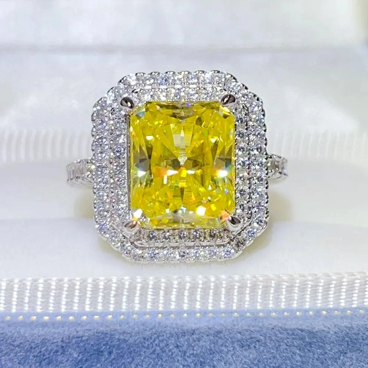 2 Carat Rectangle-Cut Yellow Moissanite Halo Ring in 925 Silver