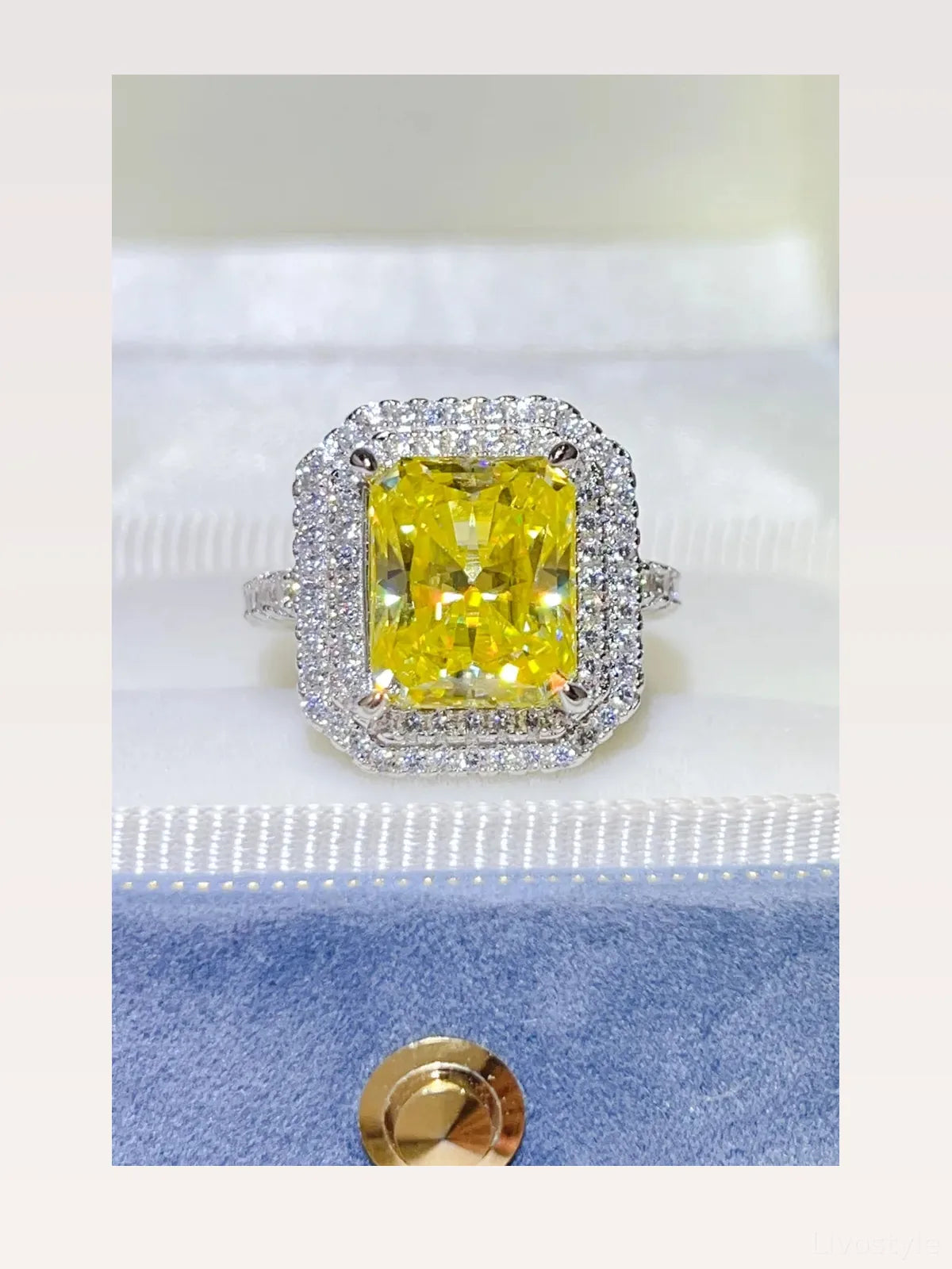 2 Carat Rectangle-Cut Yellow Moissanite Halo Ring in 925 Silver