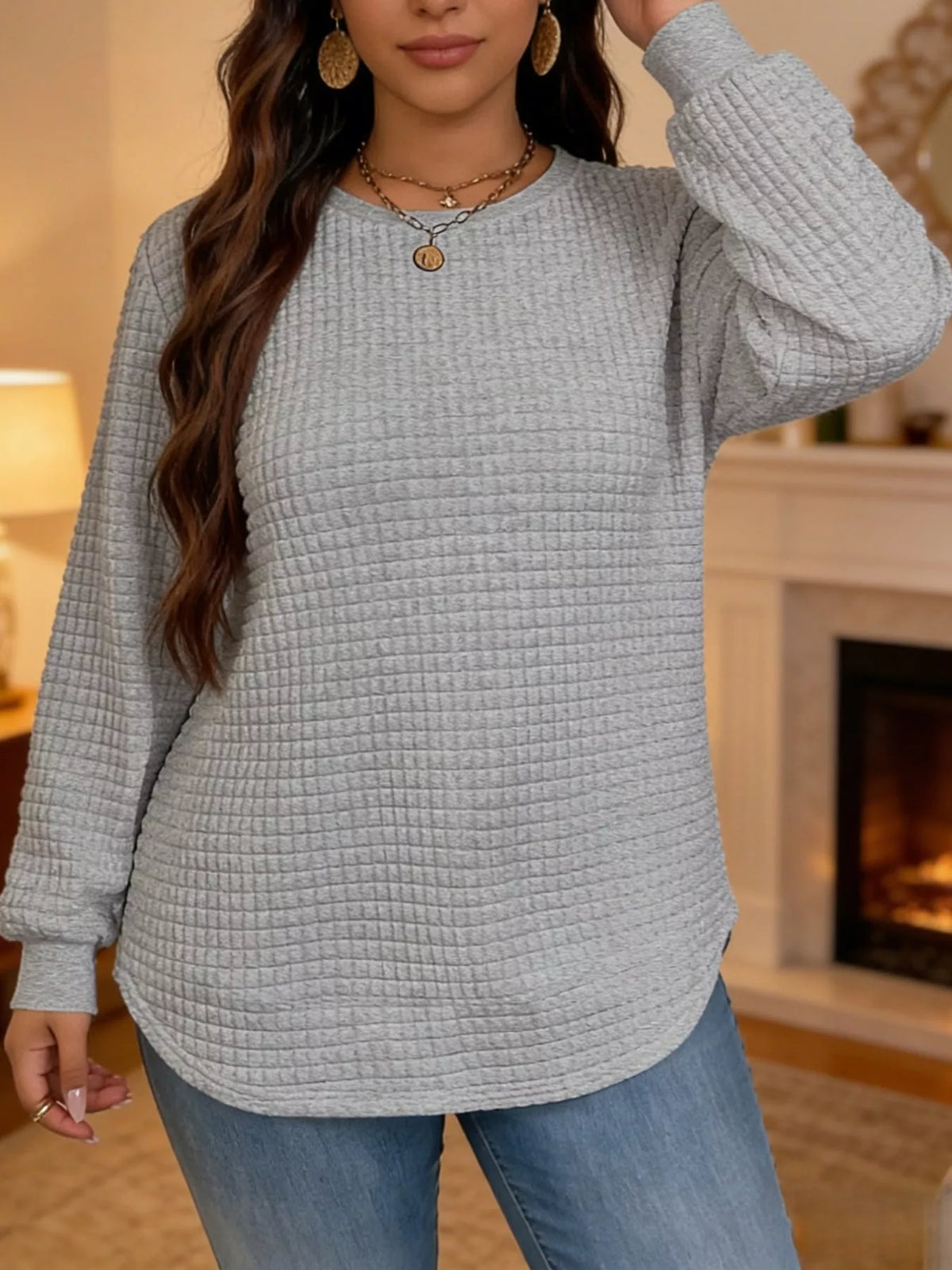 Plus Size Textured Waffle Knit Crew Neck Sweatshirt
