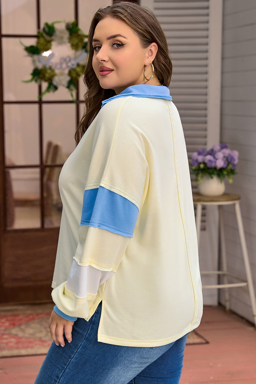 Plus Size Colorblock Raw Seam Patchwork V-Neck Pullover