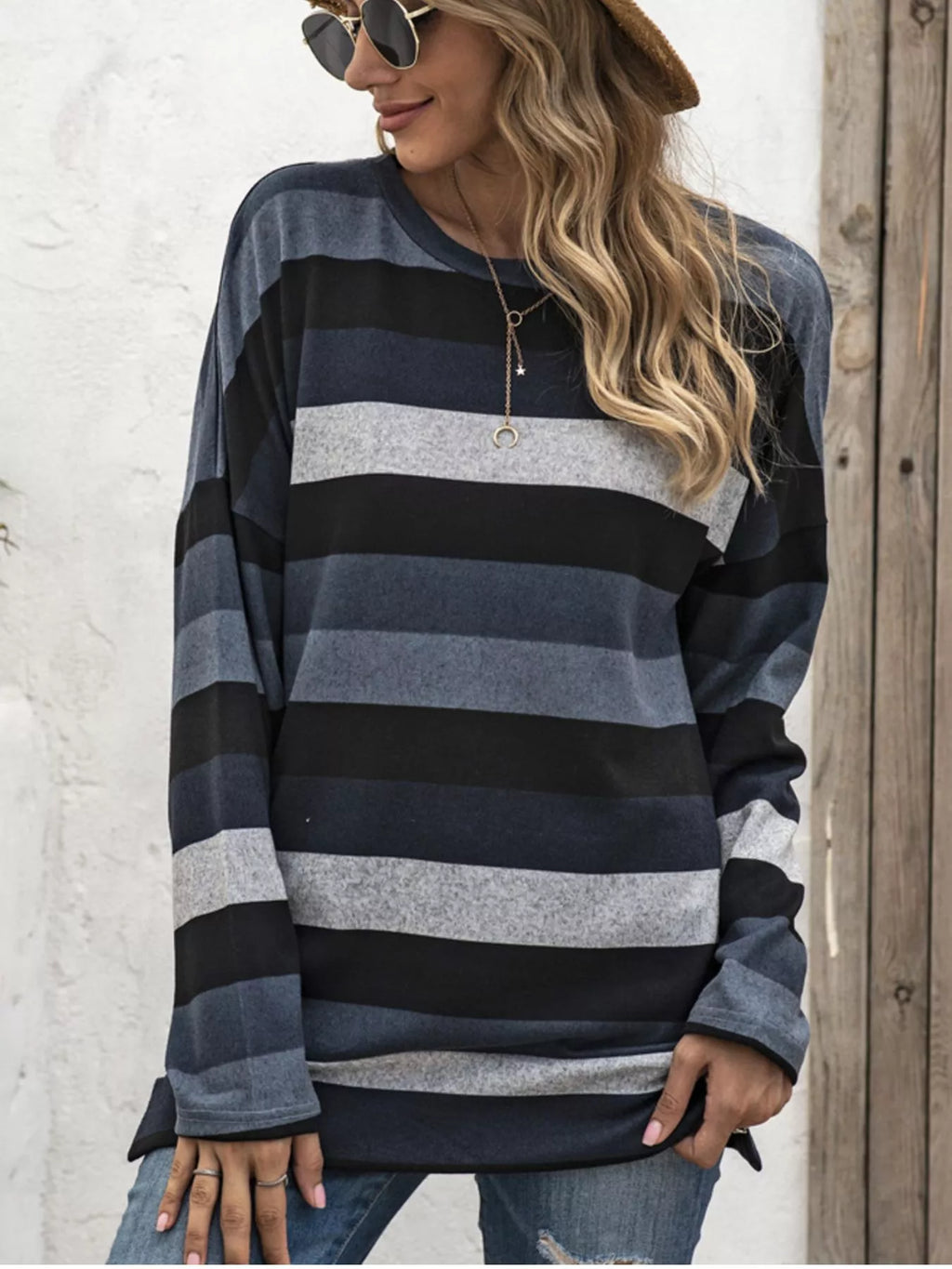 Full Size Casual Striped Long Sleeve Crew Neck Top Plus Size