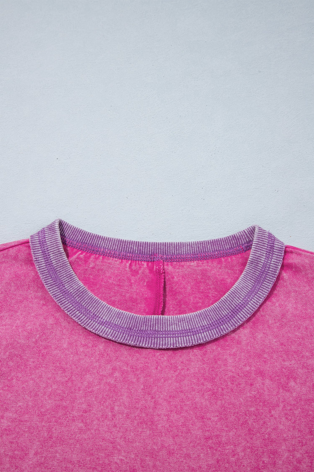 Strawberry Pink Mineral Wash Color Block Trim Bracelet Sleeve Pullover Top