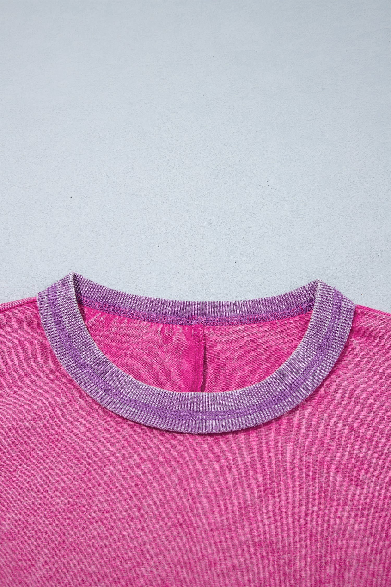 Strawberry Pink Mineral Wash Color Block Trim Bracelet Sleeve Pullover Top