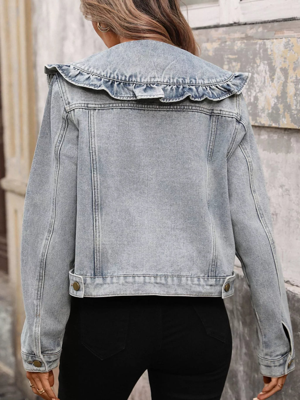 Floral Ruffle Collar Denim Jacket