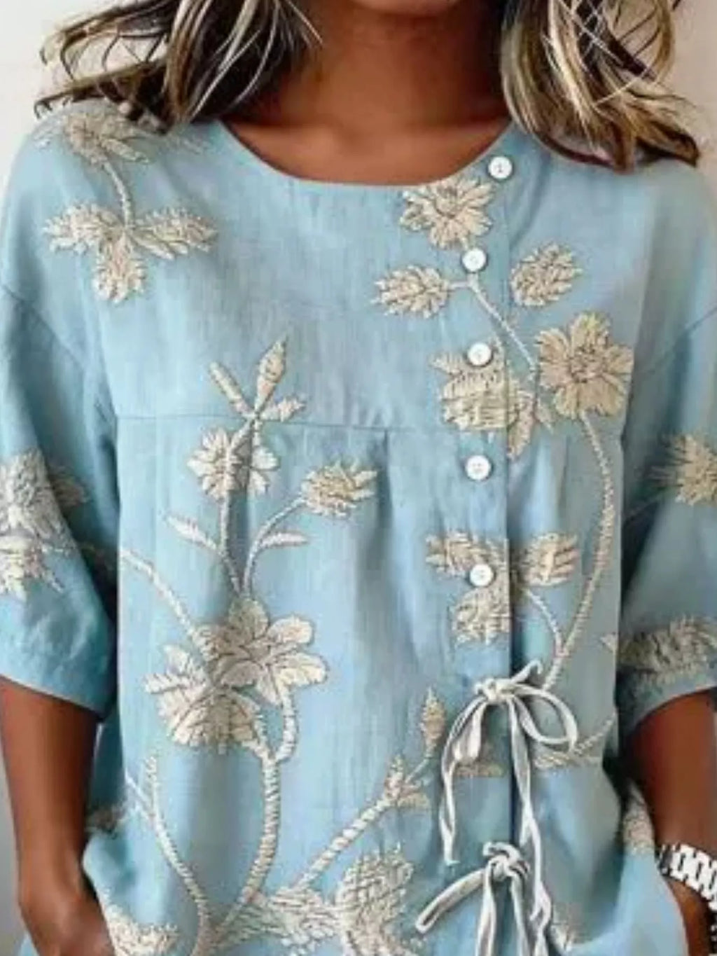 Full Size Embroidered Floral Tie Front Shirt Plus Size