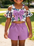 Children's Butterfly Print Bowknot Crop Top & Ruffle Shorts Set