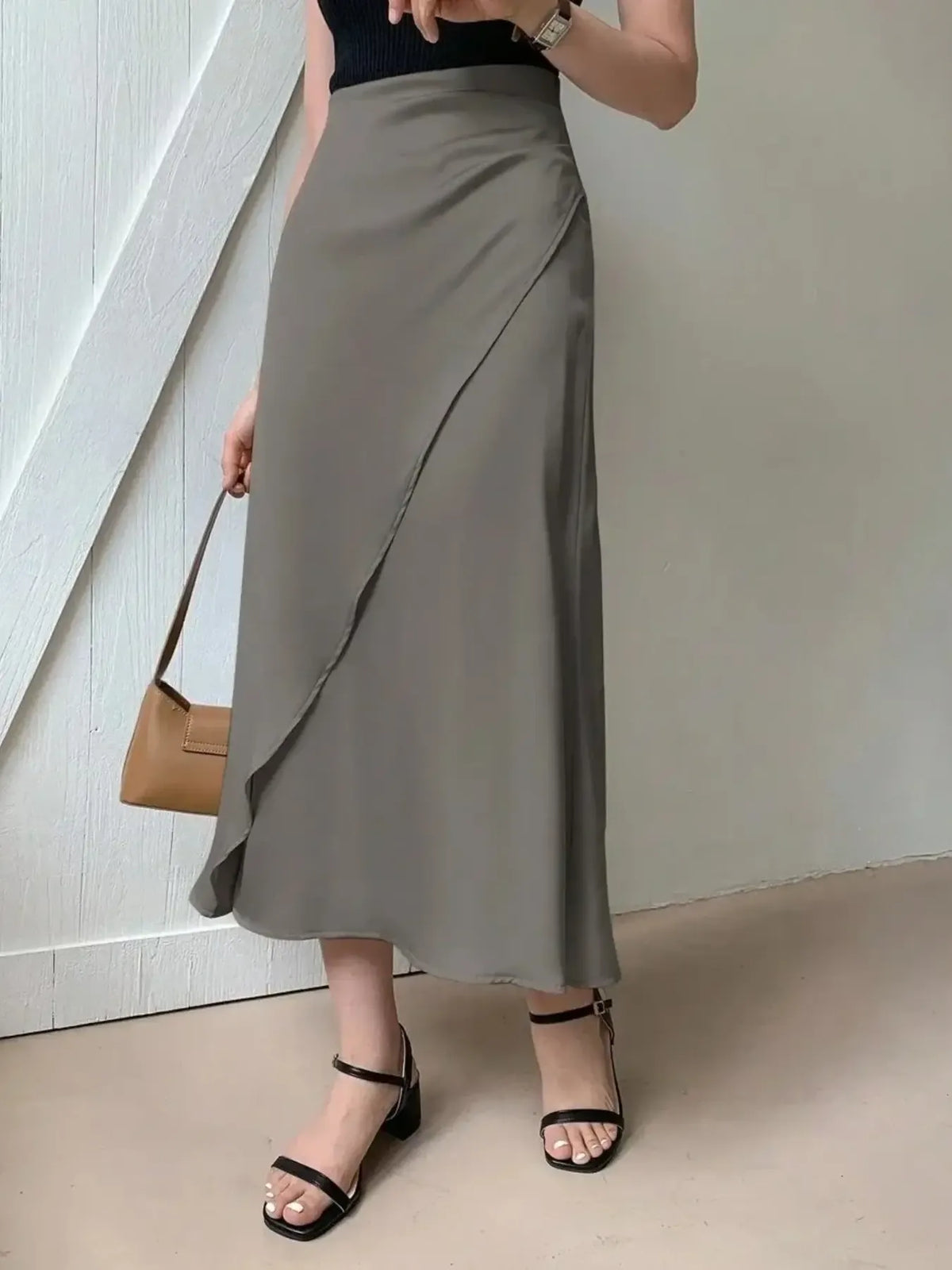 Asymmetric Wrap Midi Skirt with Fluted Hem