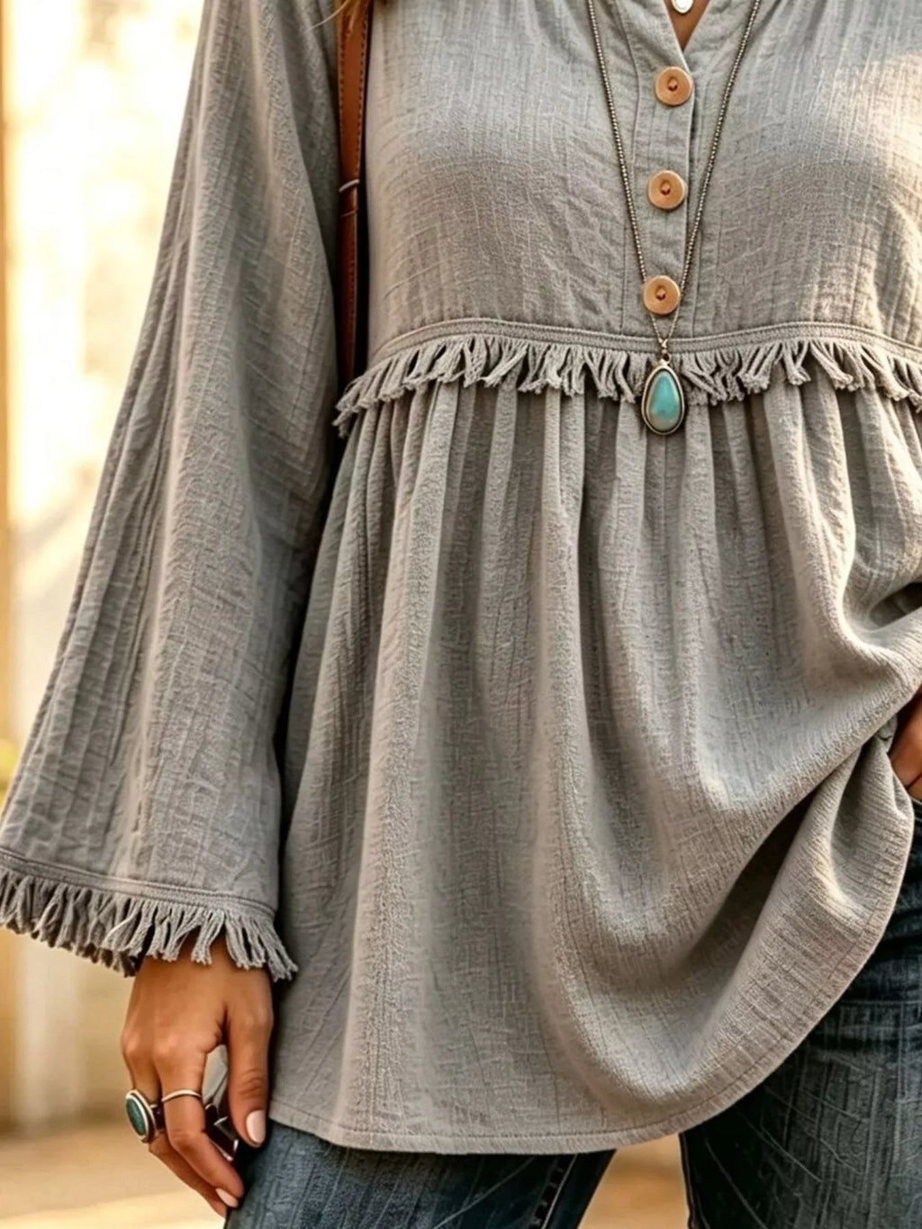 Button-Down Detail Fringed Hem Blouse
