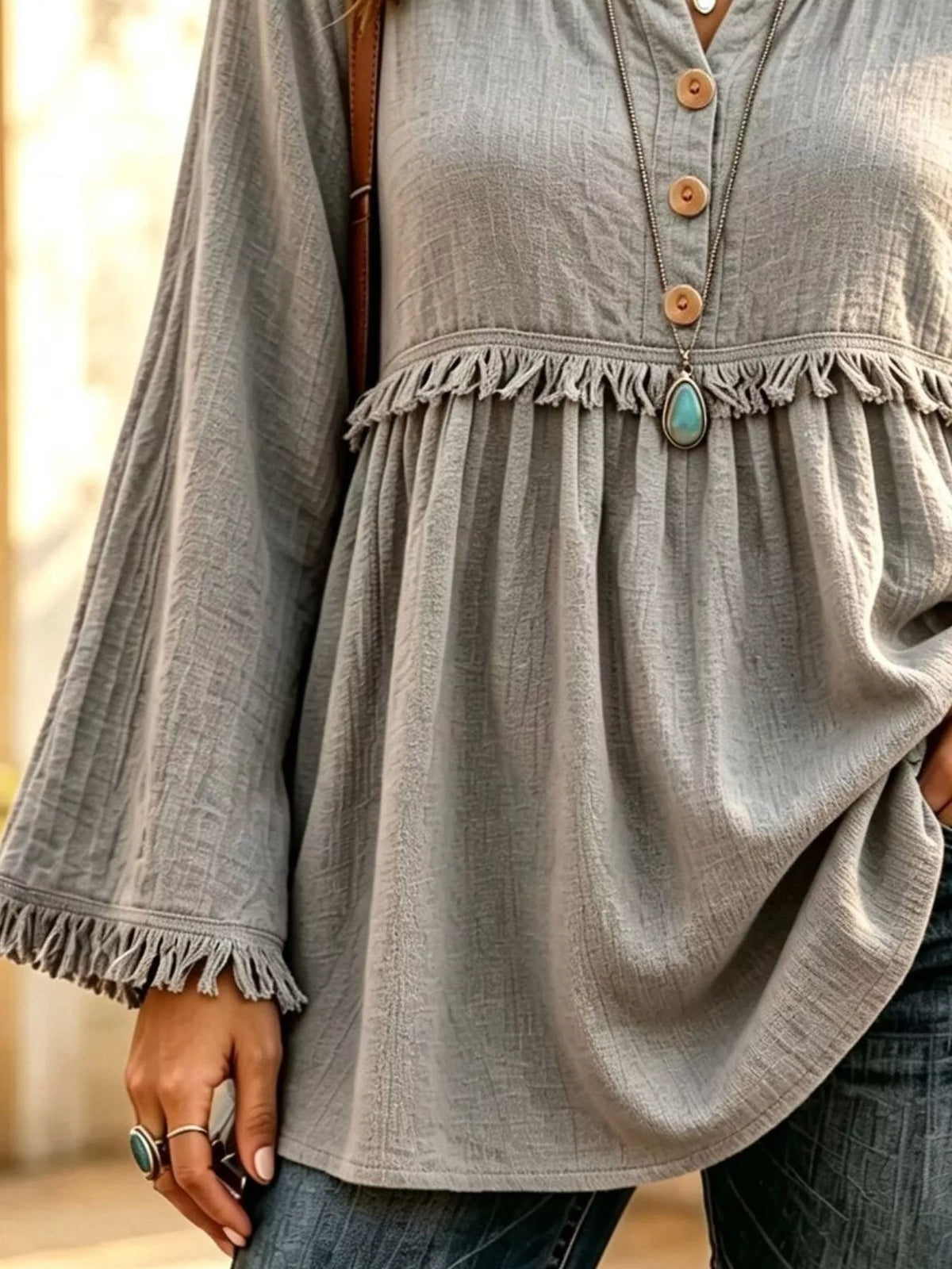 Button-Down Detail Fringed Hem Blouse