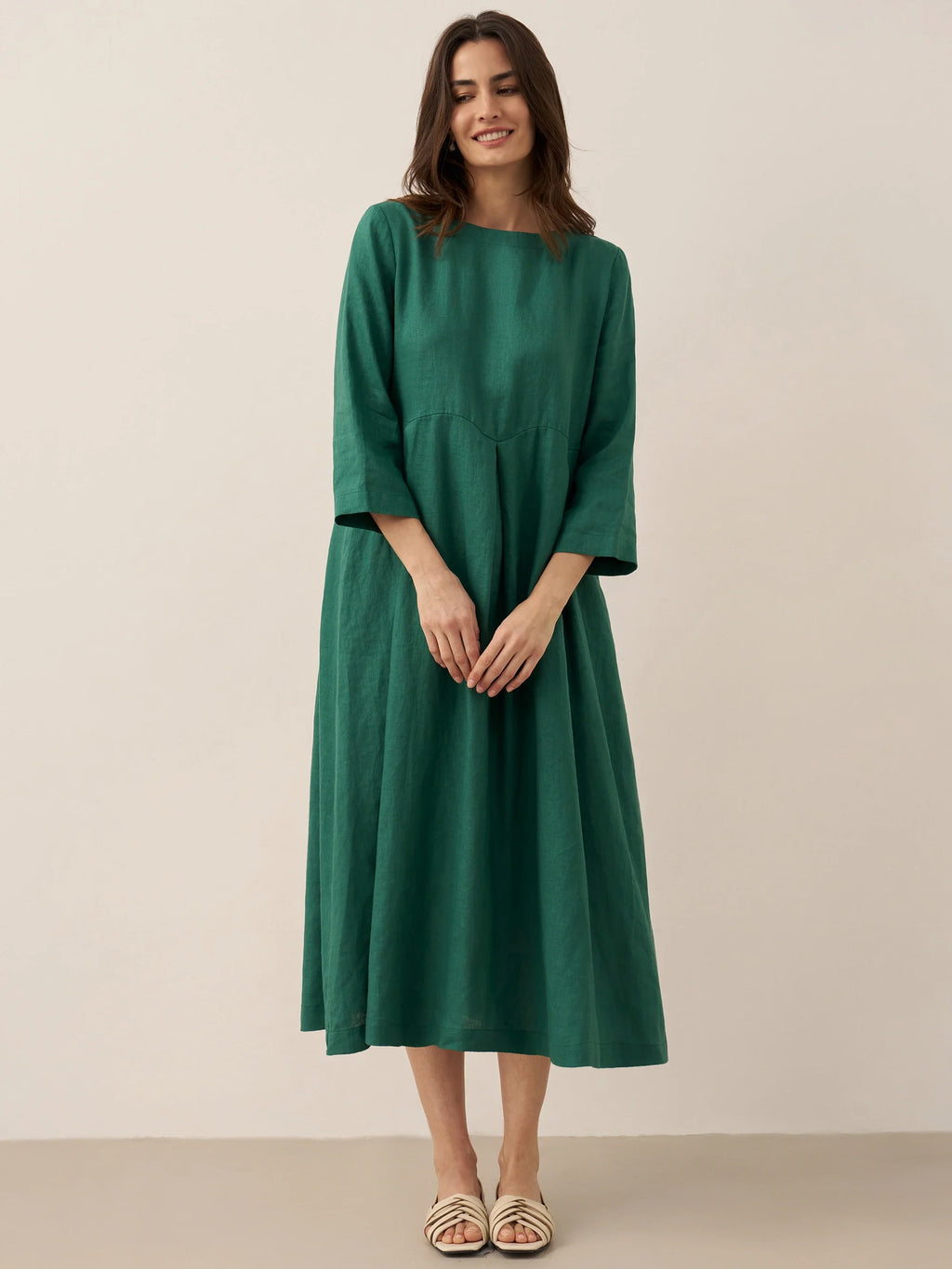100% Linen Bateau Neck Pleated Midi Dress