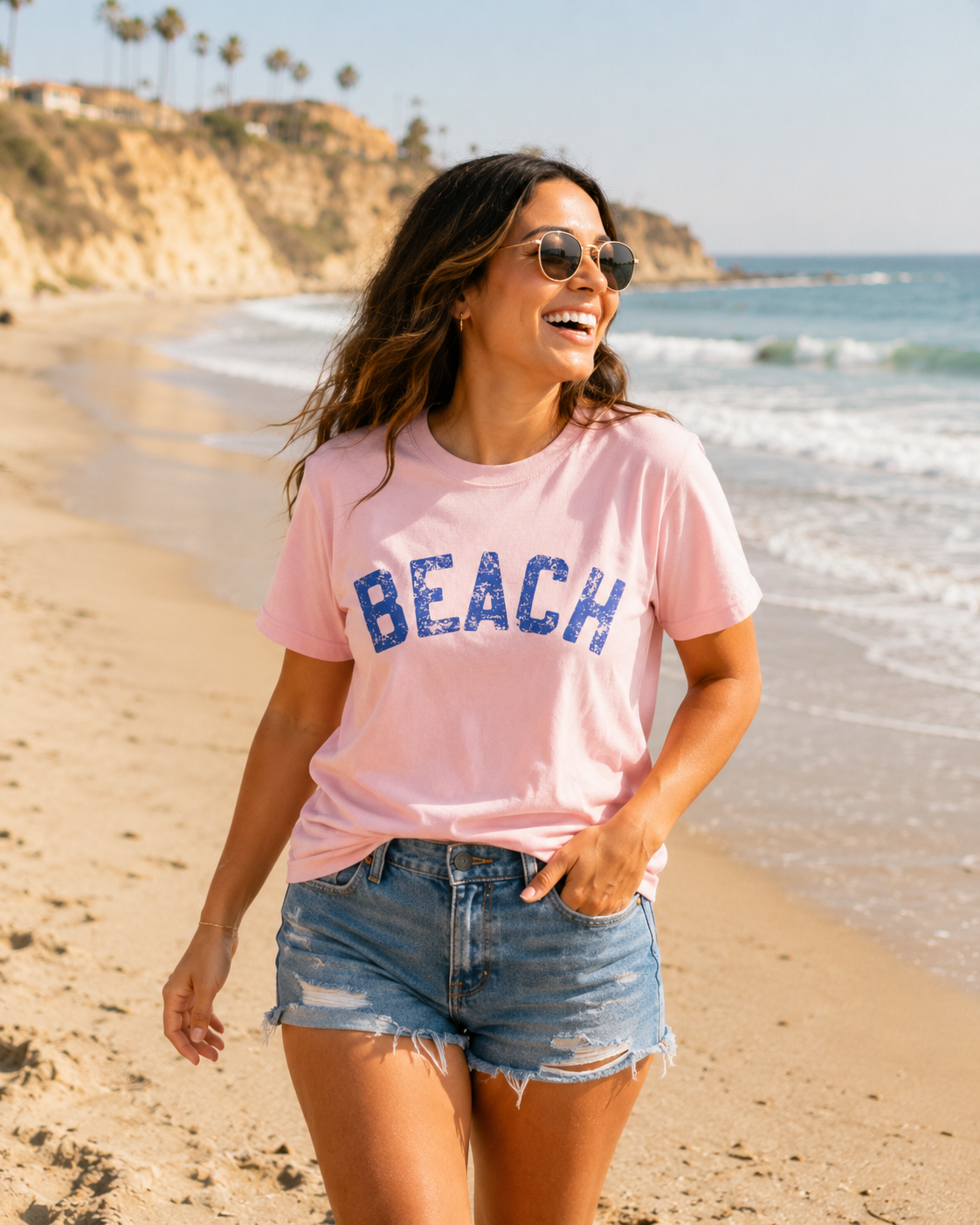 Beach Graphic T-Shirt – Vintage Blue "BEACH" Print