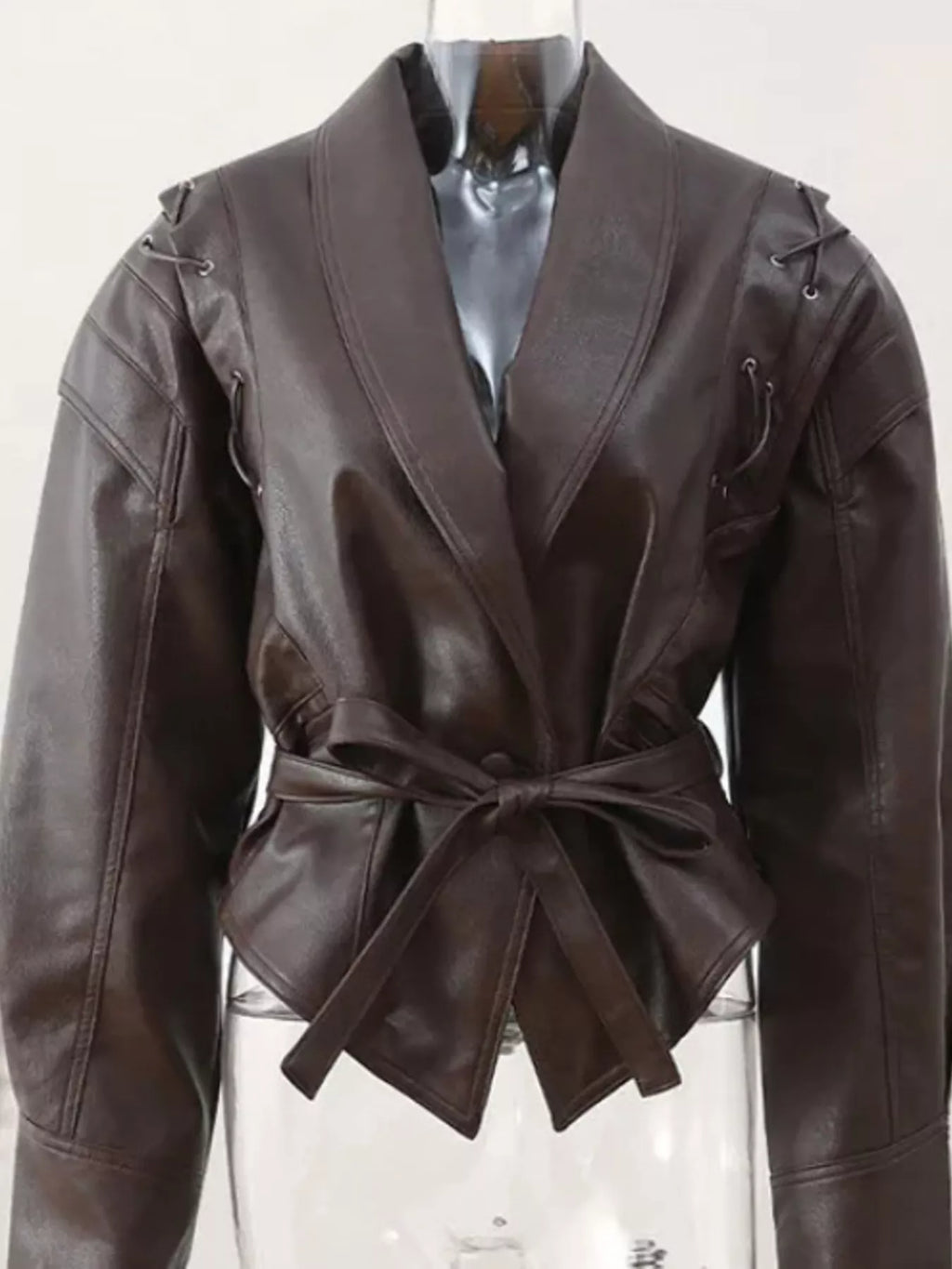 Belted Leather Jacket with Shawl Collar