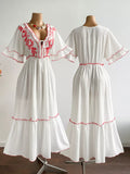 Front Tie Maxi Dress with Floral Embroidered