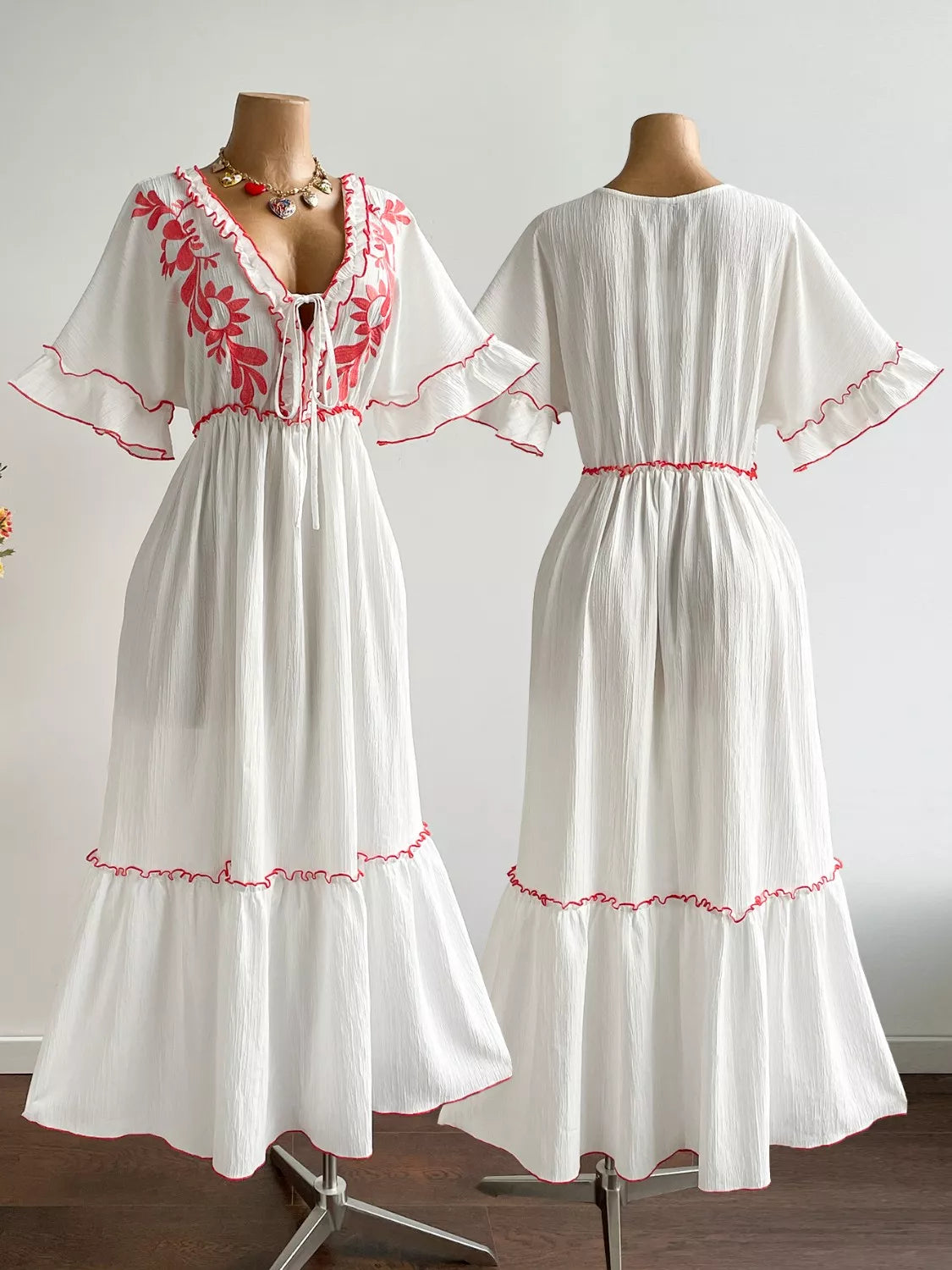 Front Tie Maxi Dress with Floral Embroidered