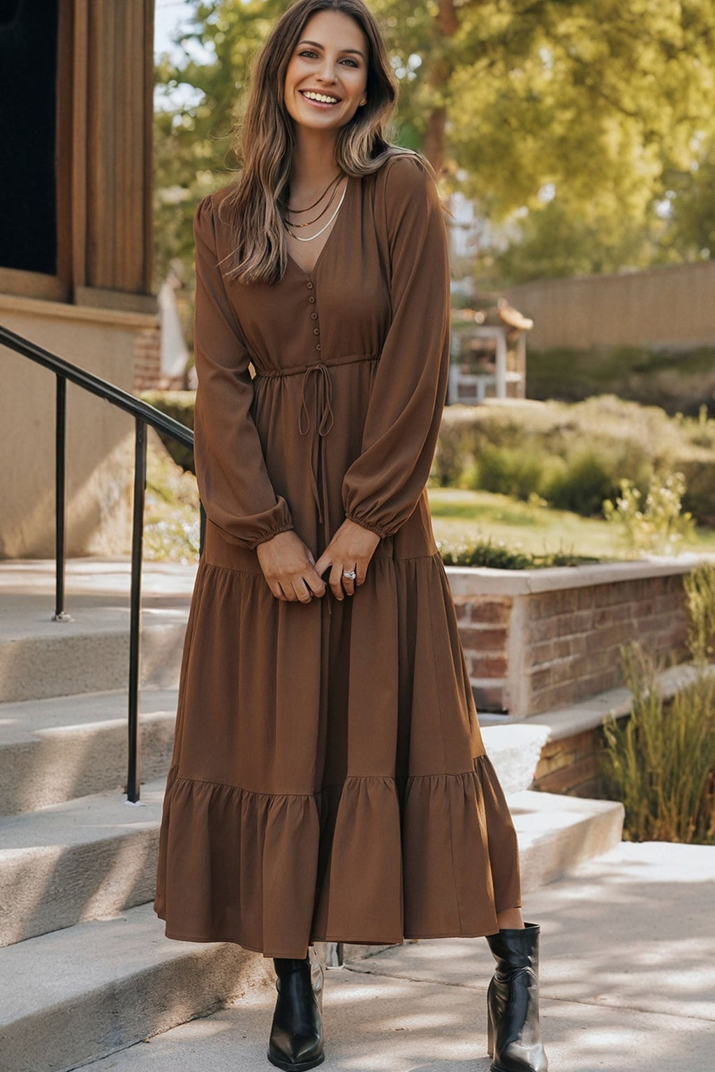 Solid Buttoned V-Neck Long Sleeve Tiered Maxi Dress