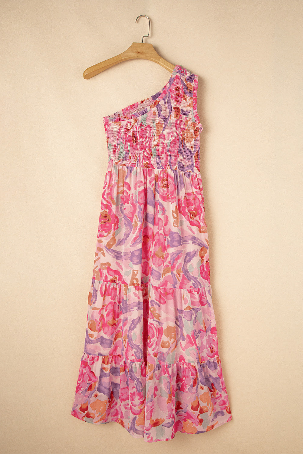 Abstract Floral One-Shoulder Shirred Maxi Dress