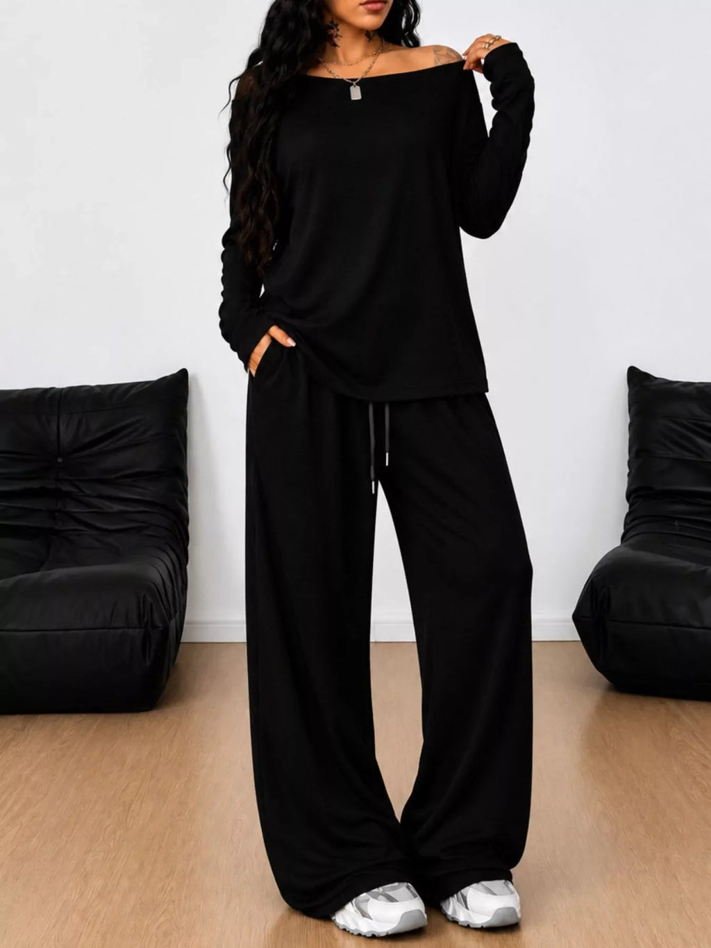 Full Size Comfortable Loose Fit One-Shoulder T-Shirt and Pants Set Plus Size