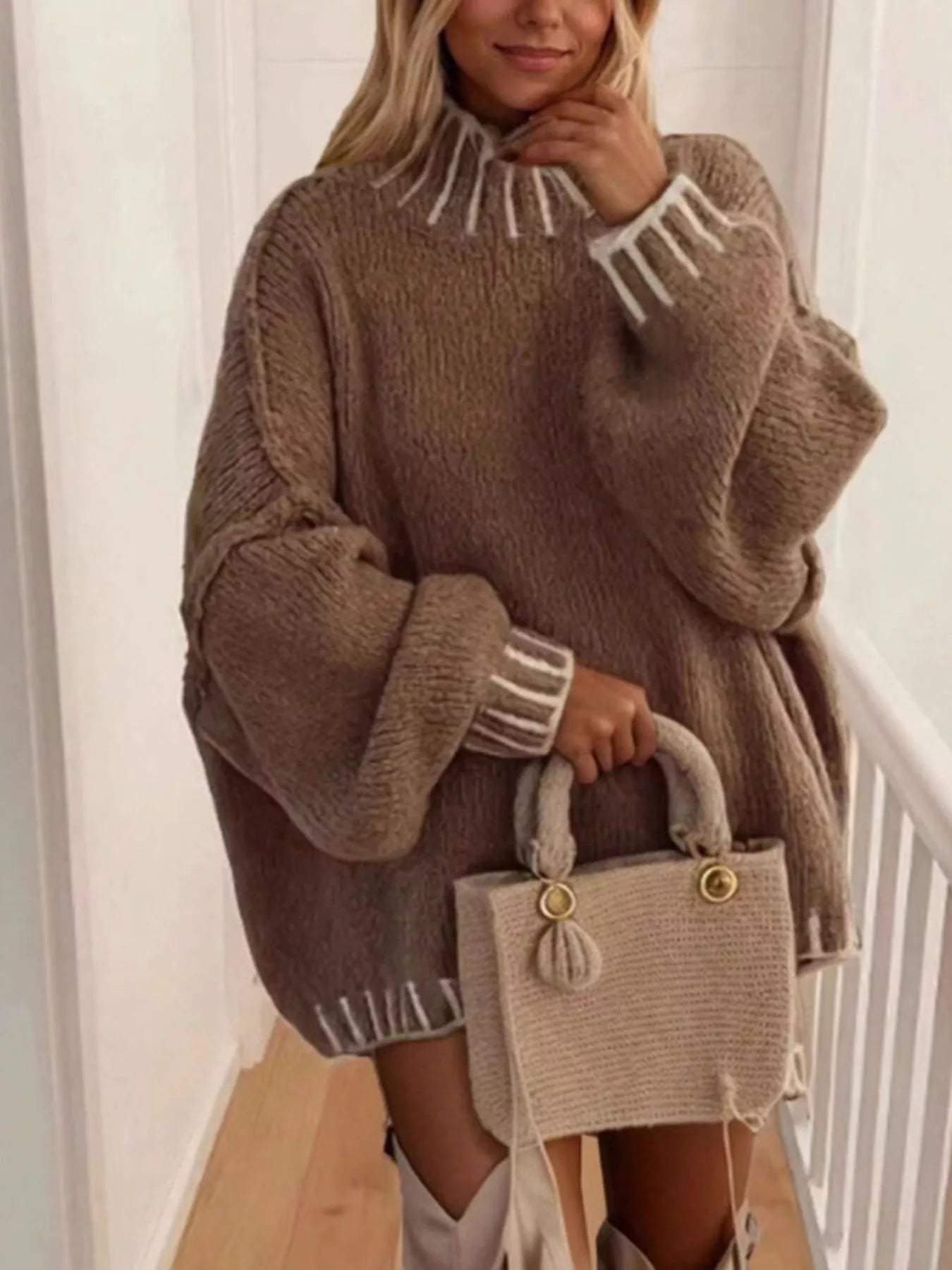 Contrast Trim Chunky Knit Sweater