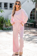 Pink Stripe Drop Shoulder Round Neck Top and Buttoned Straight Pants Two Piece Set
