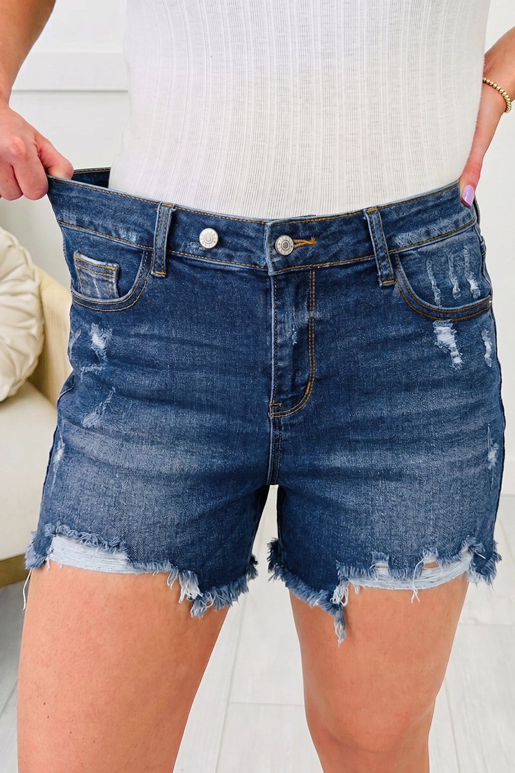 Sail Blue Asymmetric Raw Hem Distressed Whiskery Denim Shorts