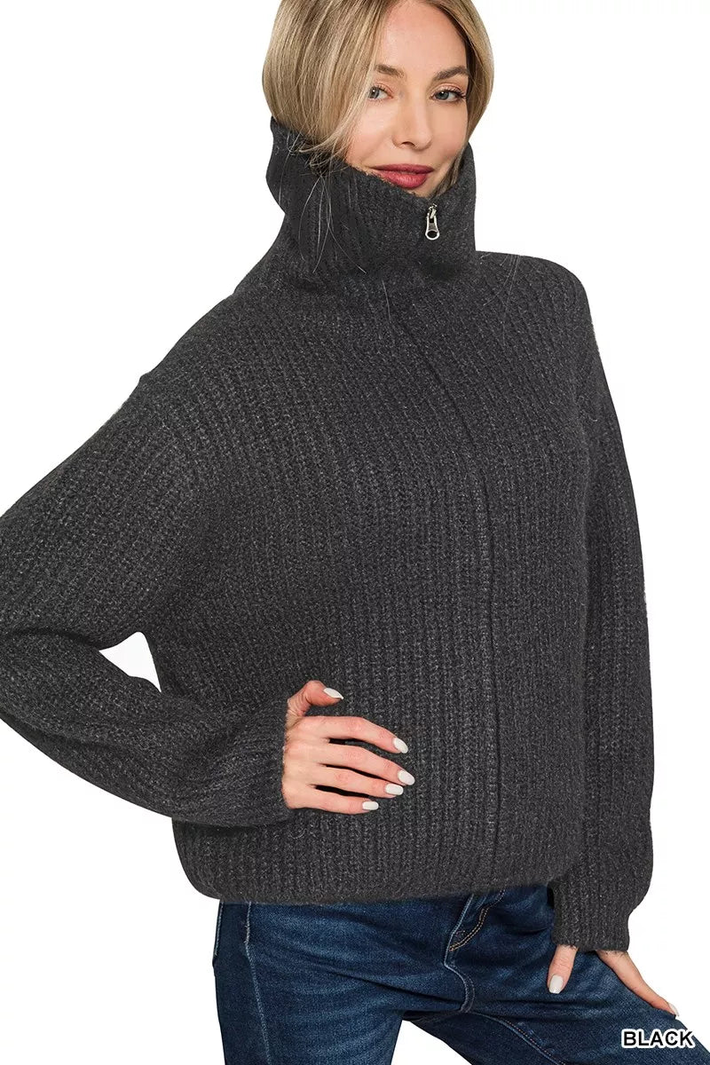 Zenana High Neck Full Zip Sweater Cardigan