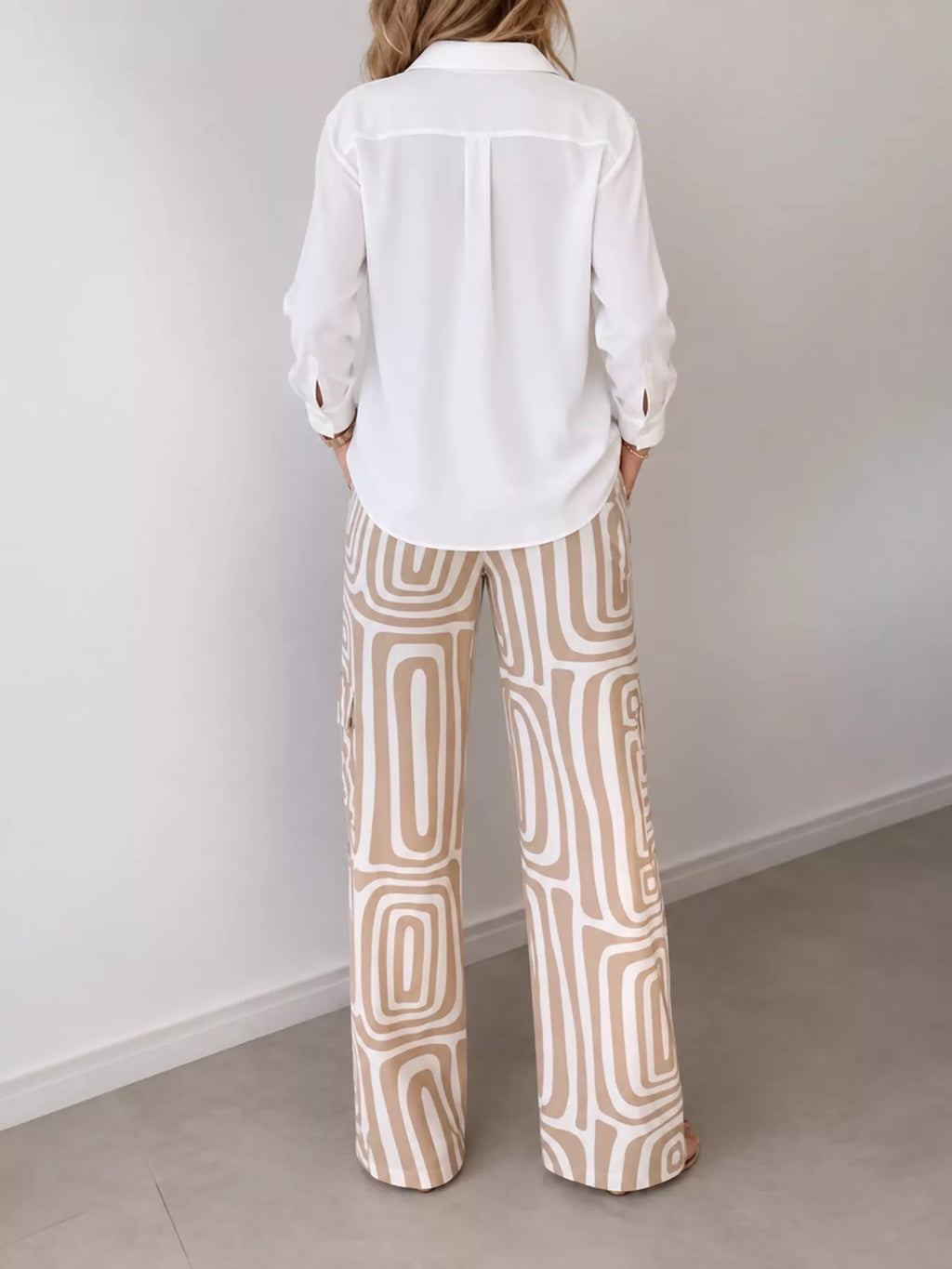 Full Size Chic Button-Down Shirt and Geometric Wide-Leg Pants Set Plus Size