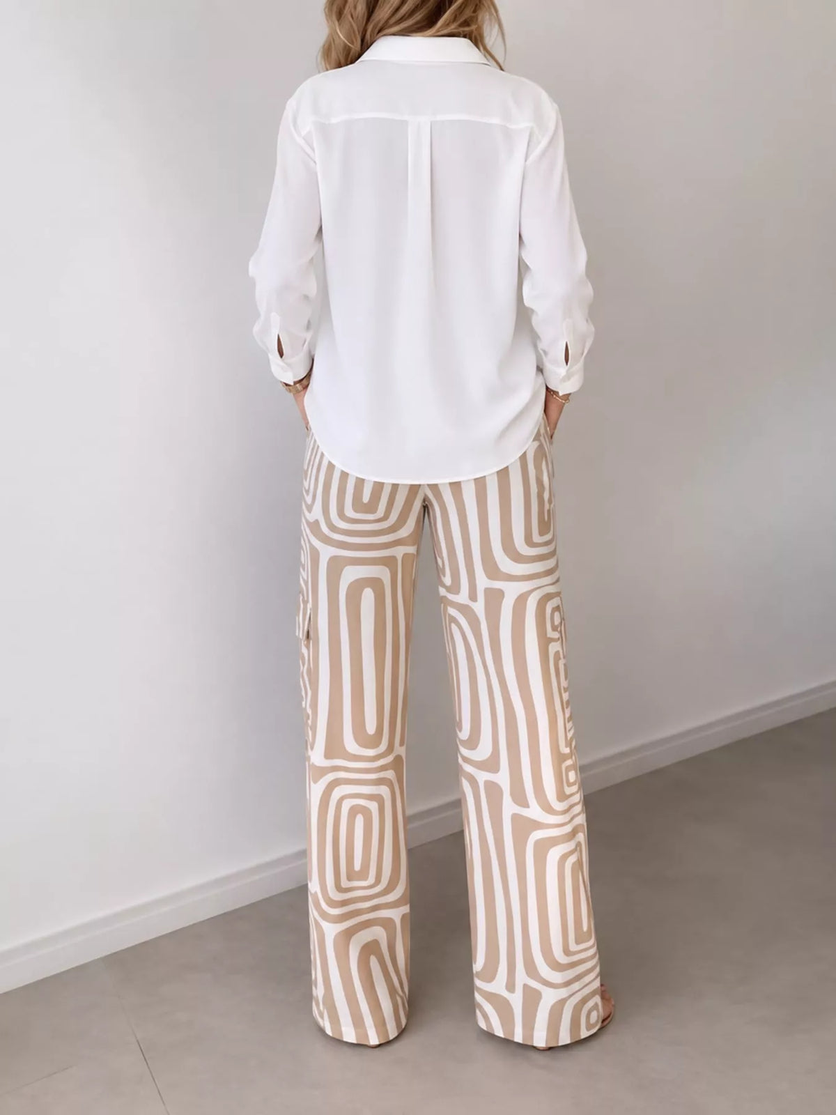 Full Size Chic Button-Down Shirt and Geometric Wide-Leg Pants Set Plus Size
