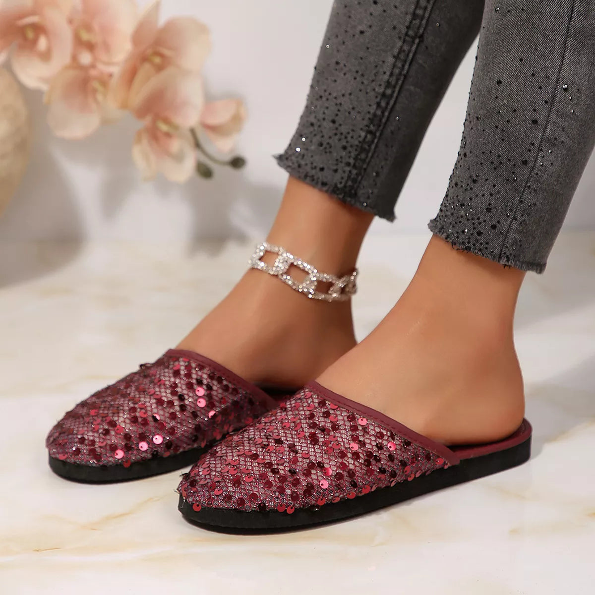 Round Toe Sequin Sandals