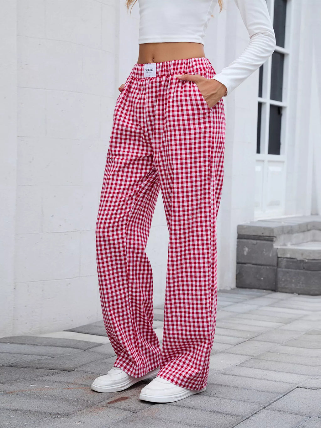 Plaid Wide-Leg Cotton Pants with Side Pockets