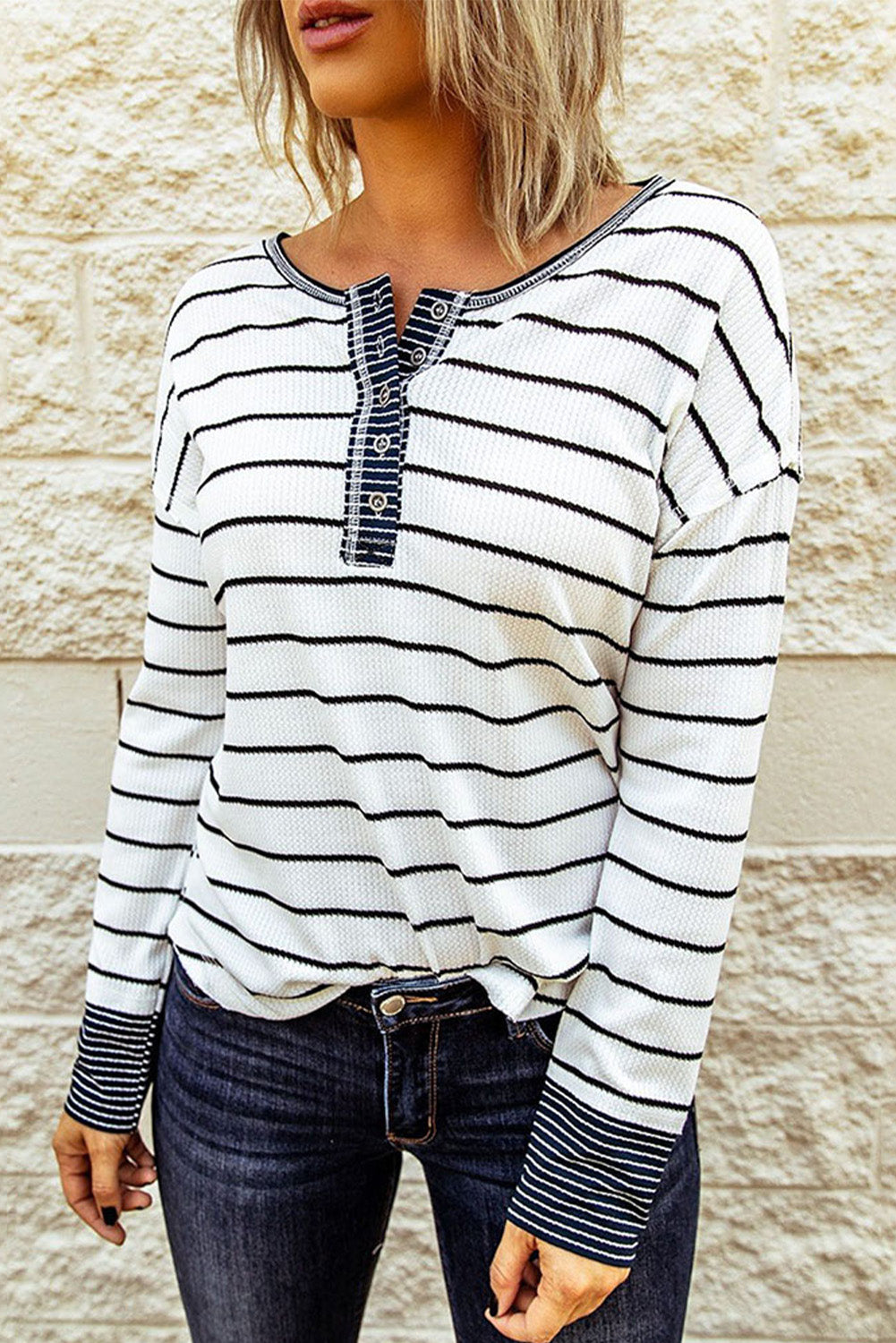 Stripe Waffle Knit Buttoned Henley Top