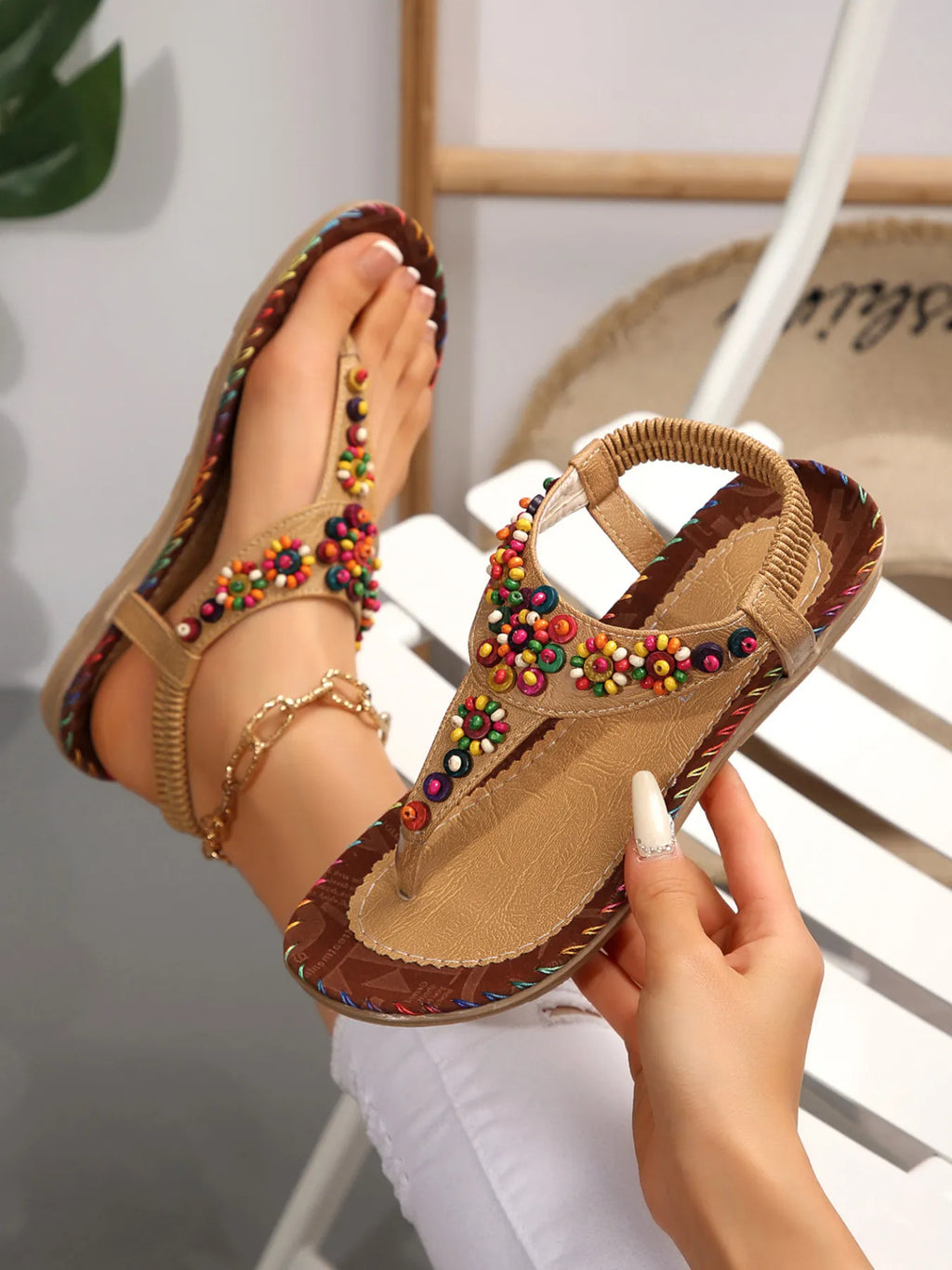 Colorful Beaded T-Strap Flat Sandals