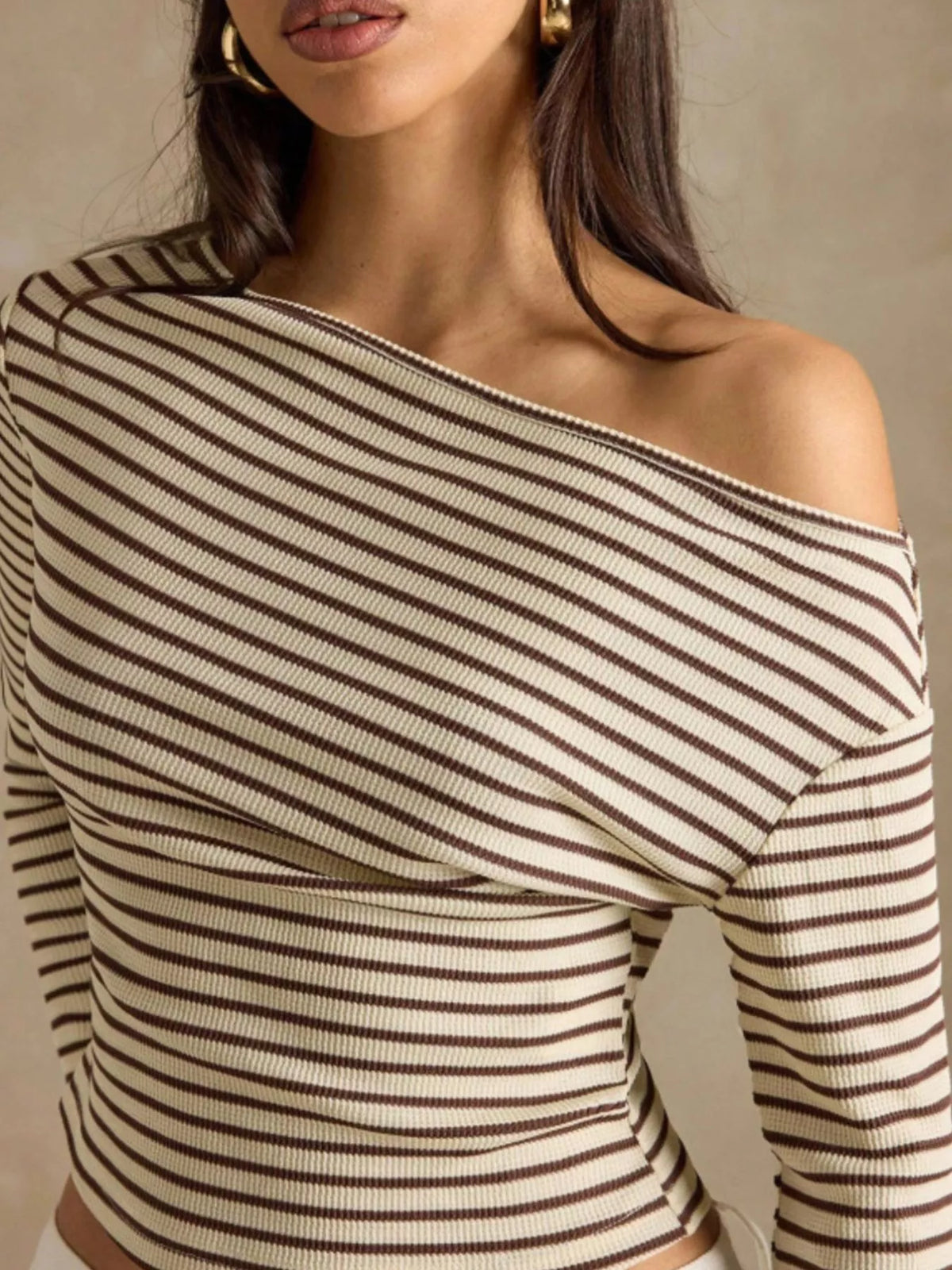 Off-Shoulder Striped Ribbed Long Sleeve T-Shirt