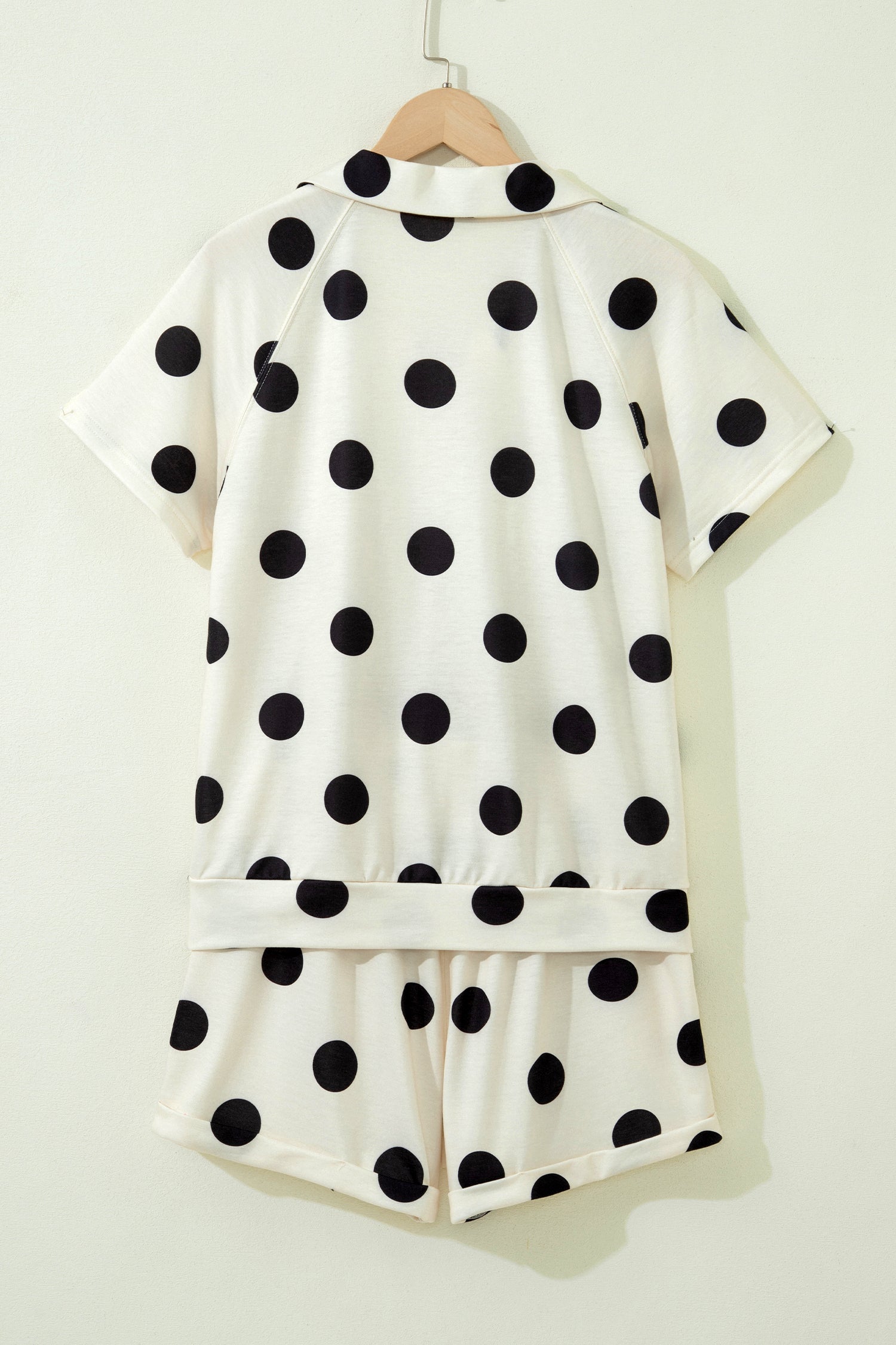 Beige Polka Dot Print V Neck Tee Short Set