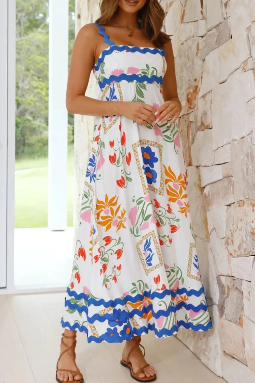 Printed Square Neck Wide Strap Midi Dress