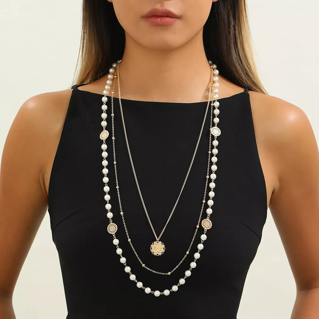 Multi-Layered Pearl and Coin Pendant Necklace