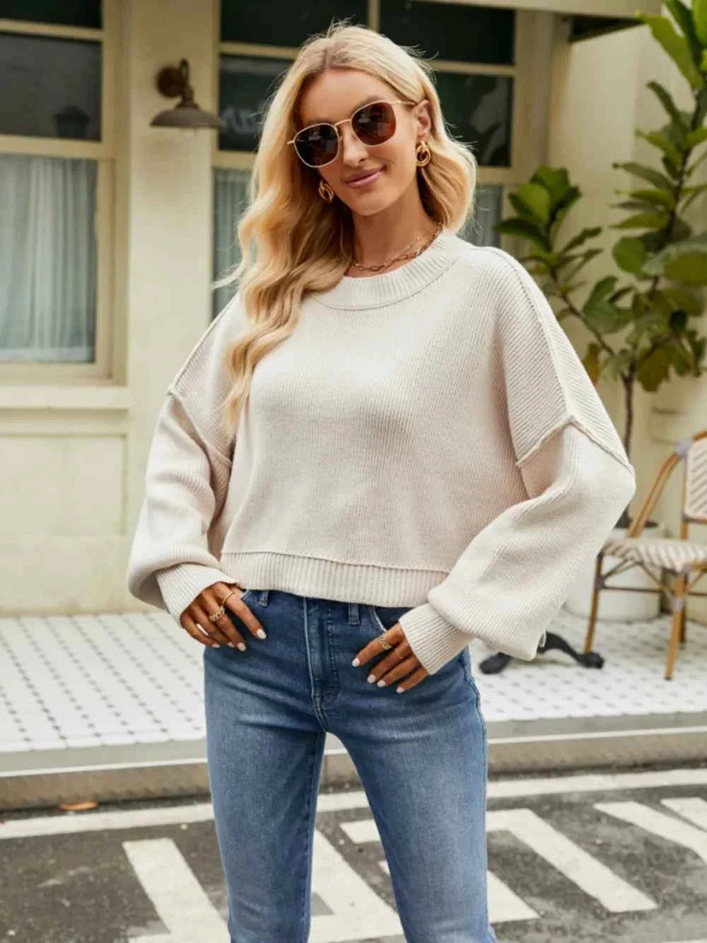 Ribbed Round Neck Lantern Sleeve Sweater