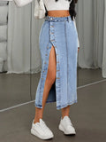Side Button Slit Denim Midi Skirt