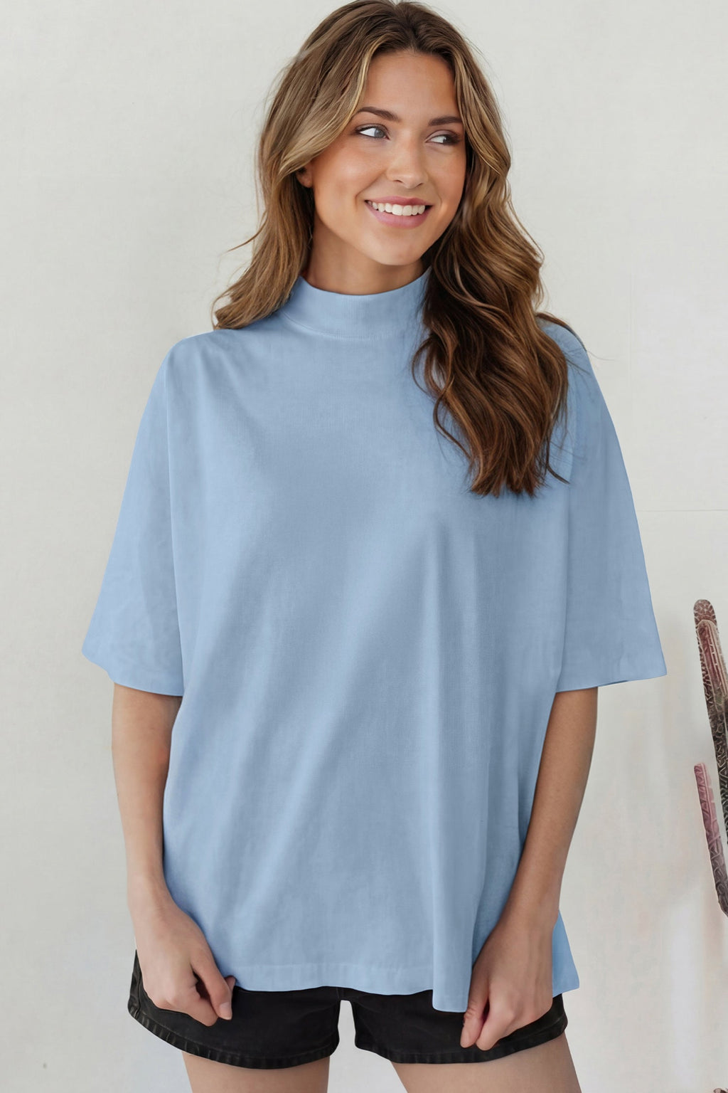 Beau Blue Solid Color High Neck Oversize Tee