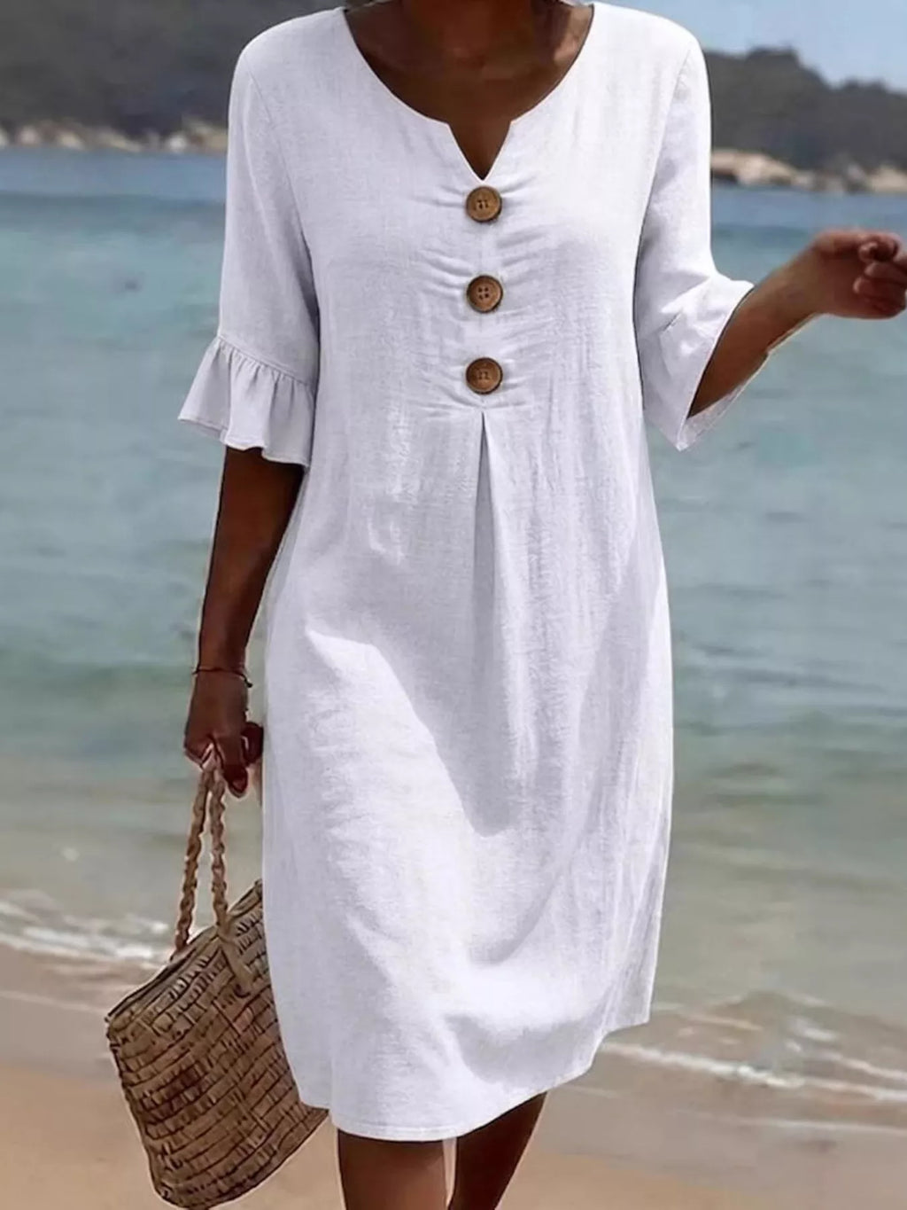 Full Size Decorative Button Ruffle Half Sleeve Dress Plus Size
