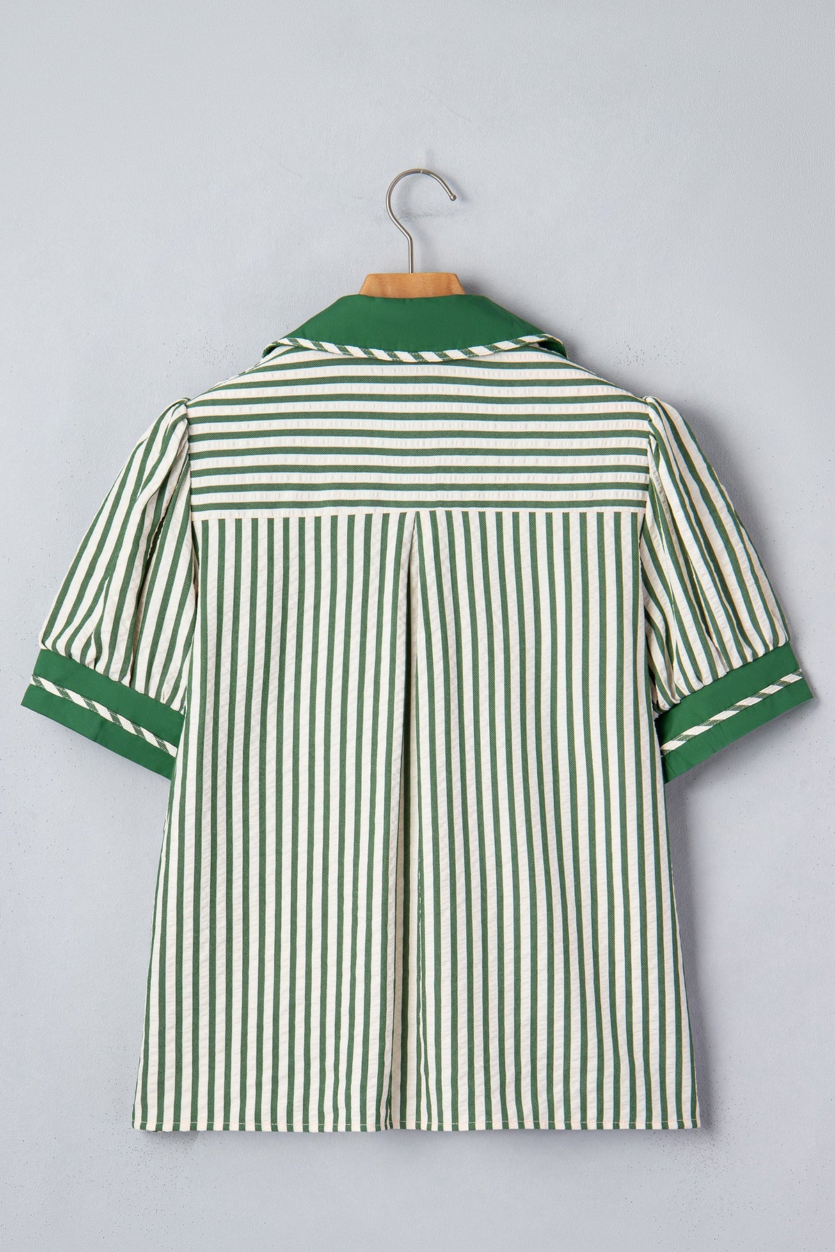 Stripe Collared V-Neck Bubble Sleeve Blouse