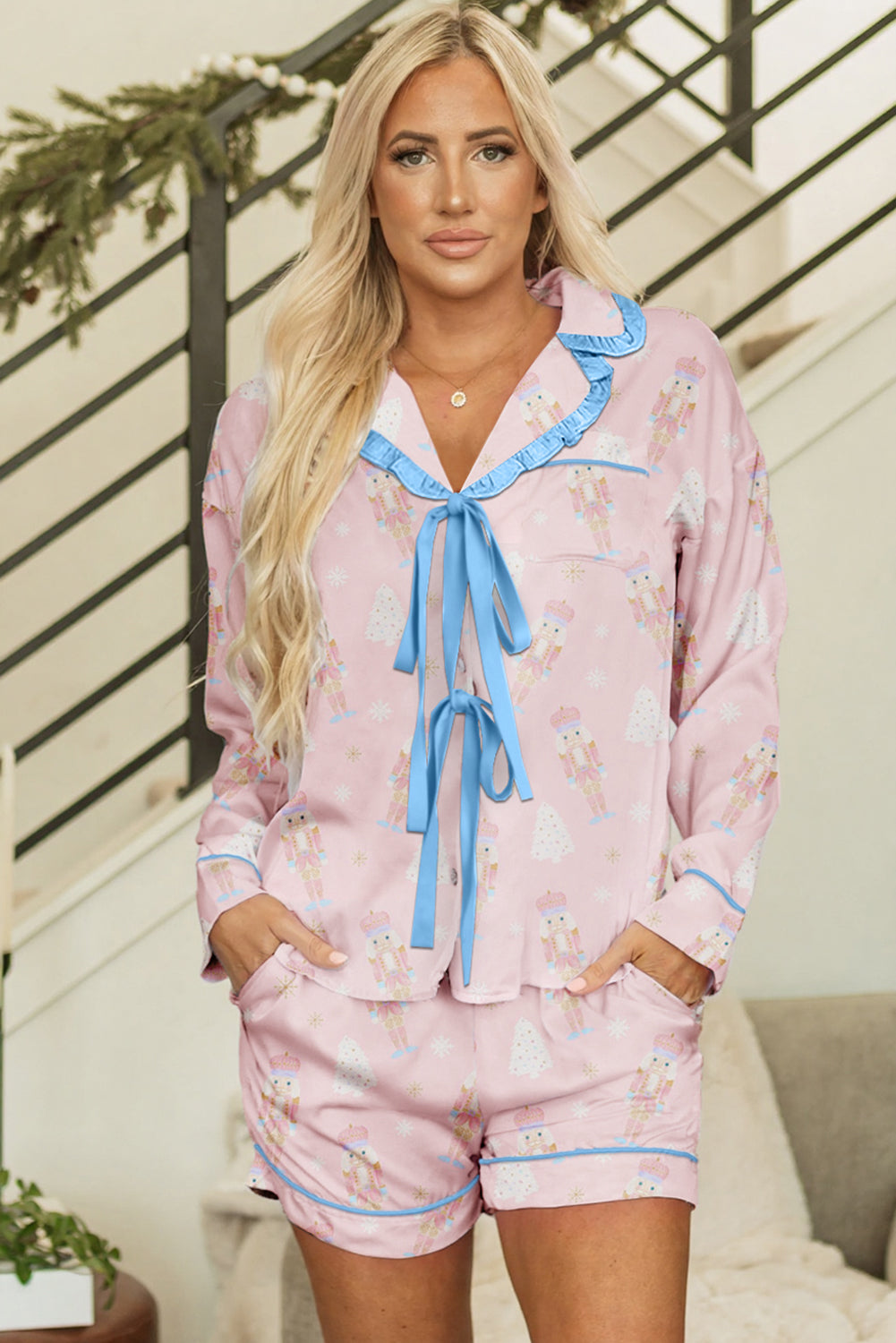 Pink Bow Tie Front Christmas Nutcracker Long Sleeve Shirt Shorts Pajama Set