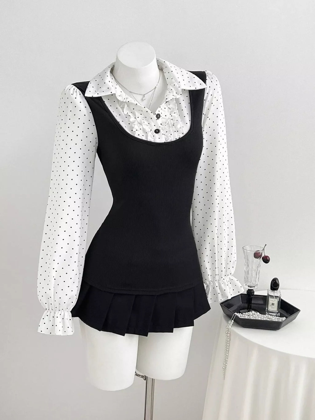 Polka Dot Flounce Sleeve Layered Look Blouse