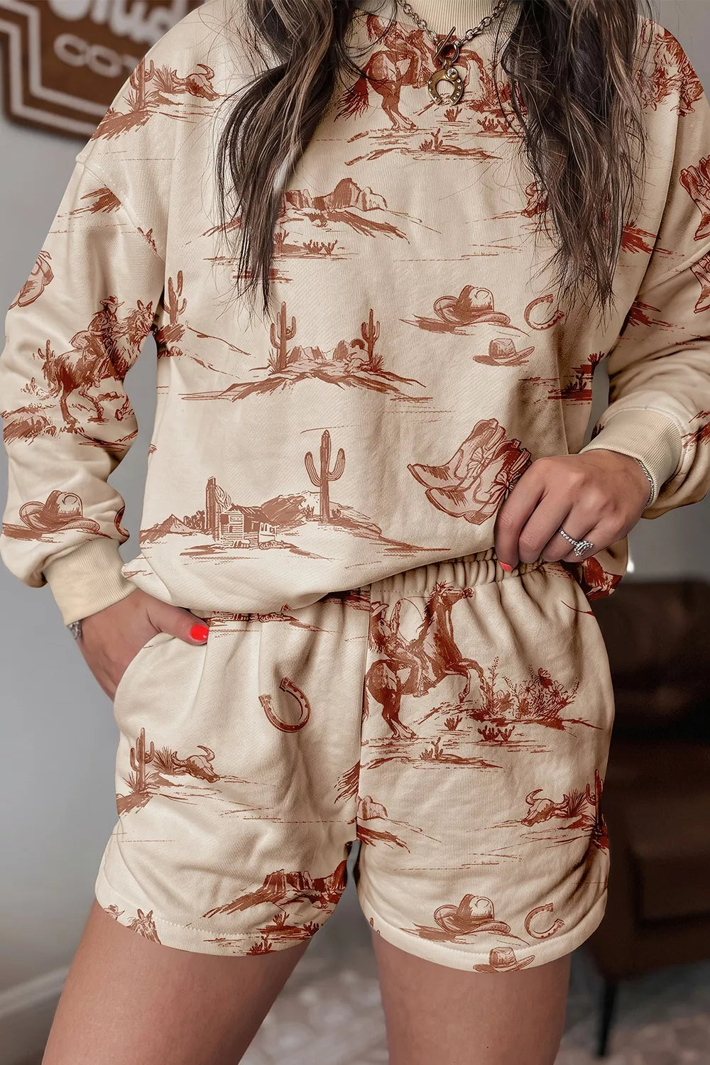 Cowboy Print Long Sleeve Sweatshirt and Shorts Set