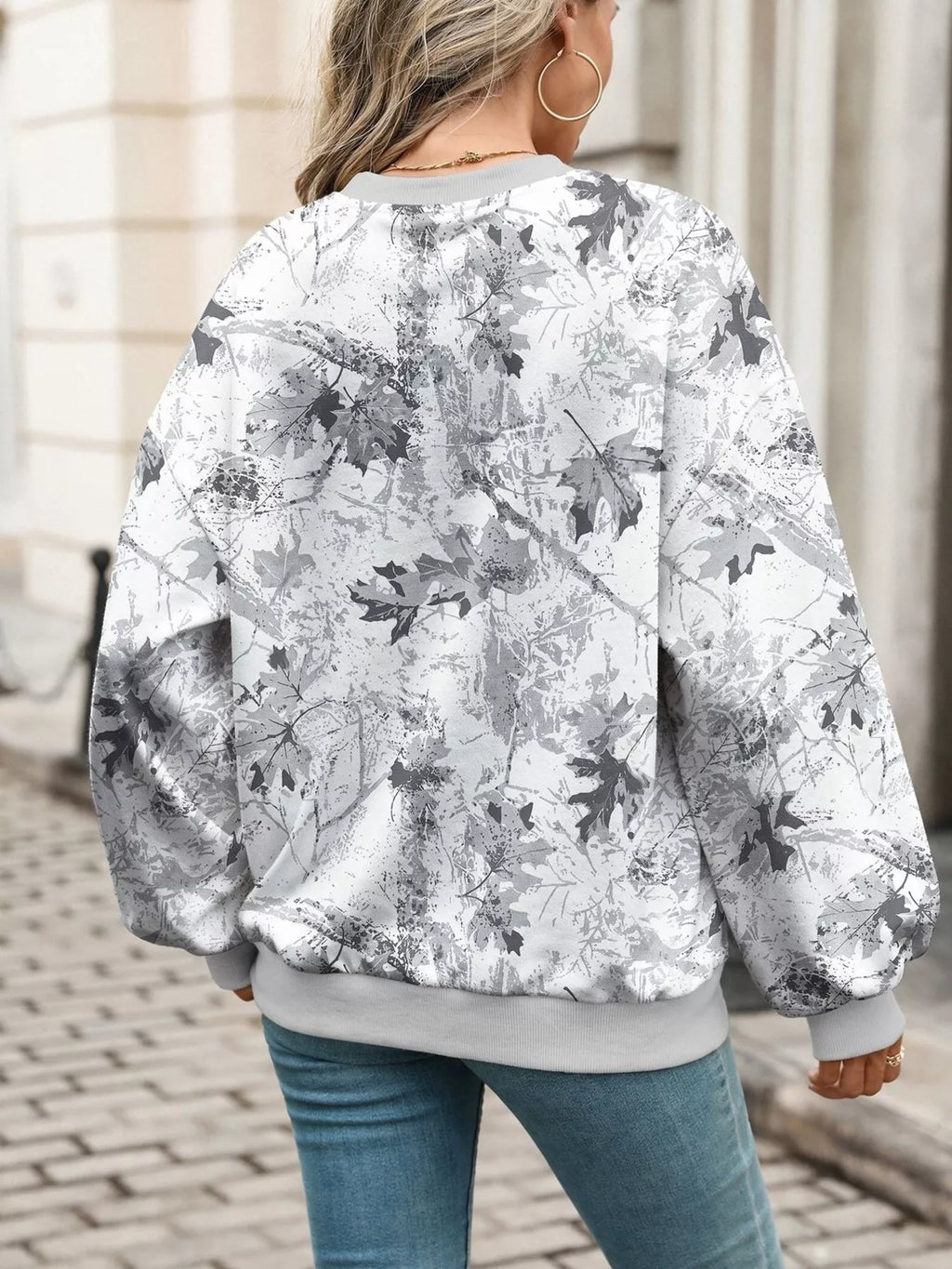 Leaf Print Sweatshirt with Contrasting Trim