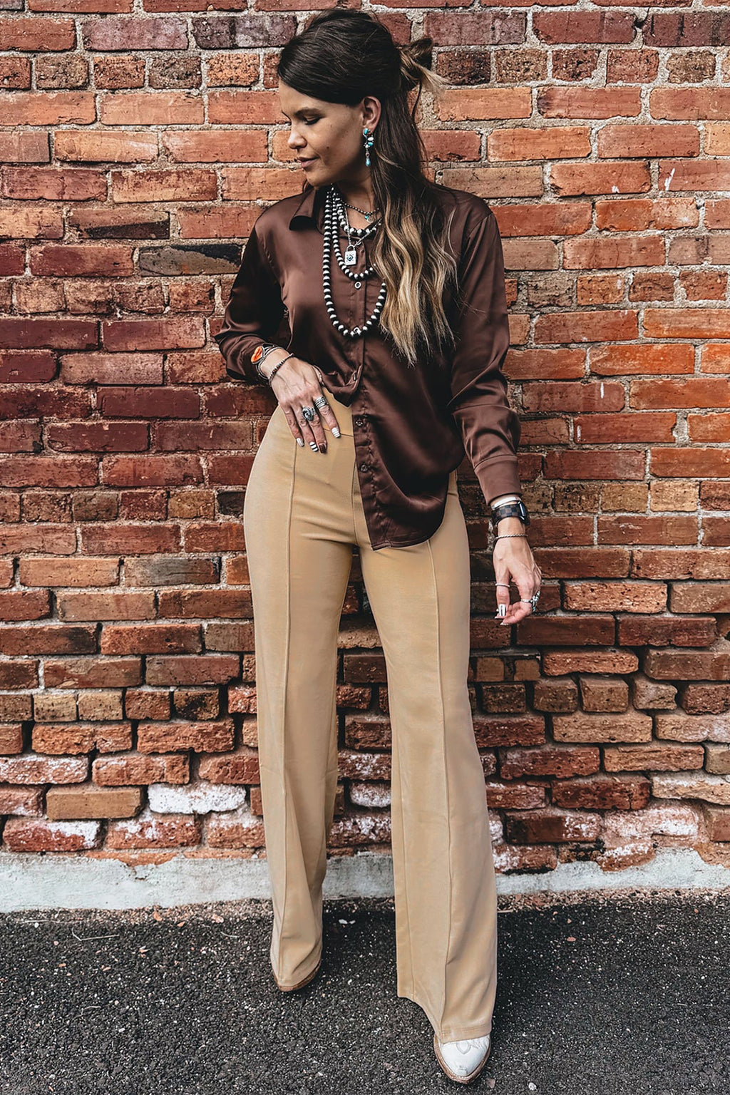 Parchment High Waist Full Length Regular Fit Pants