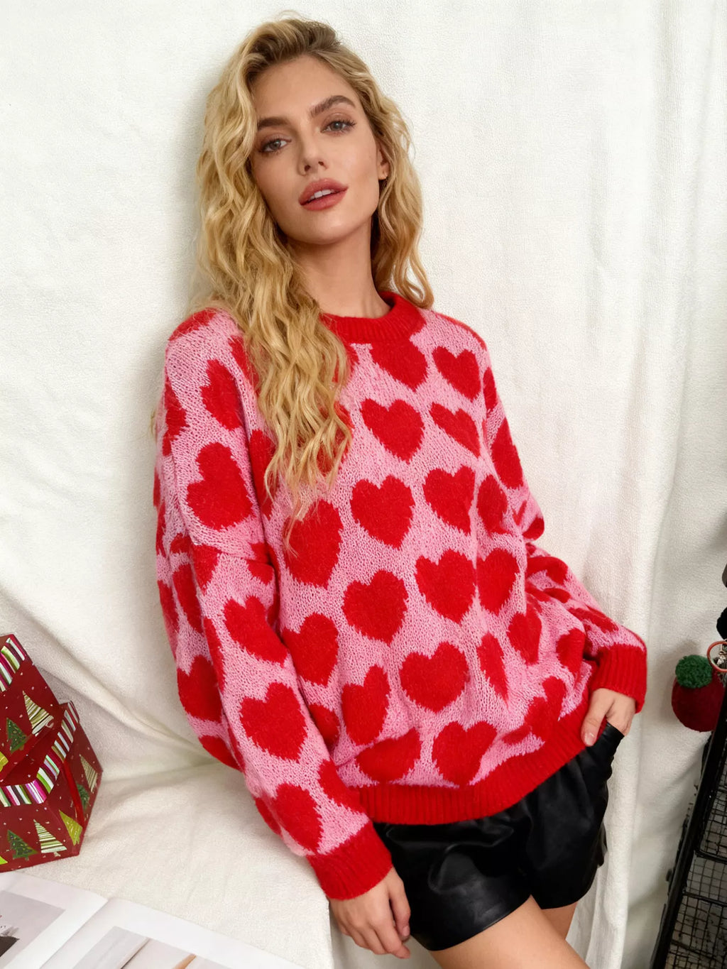 Heart Pattern Dropped Shoulder Sweater