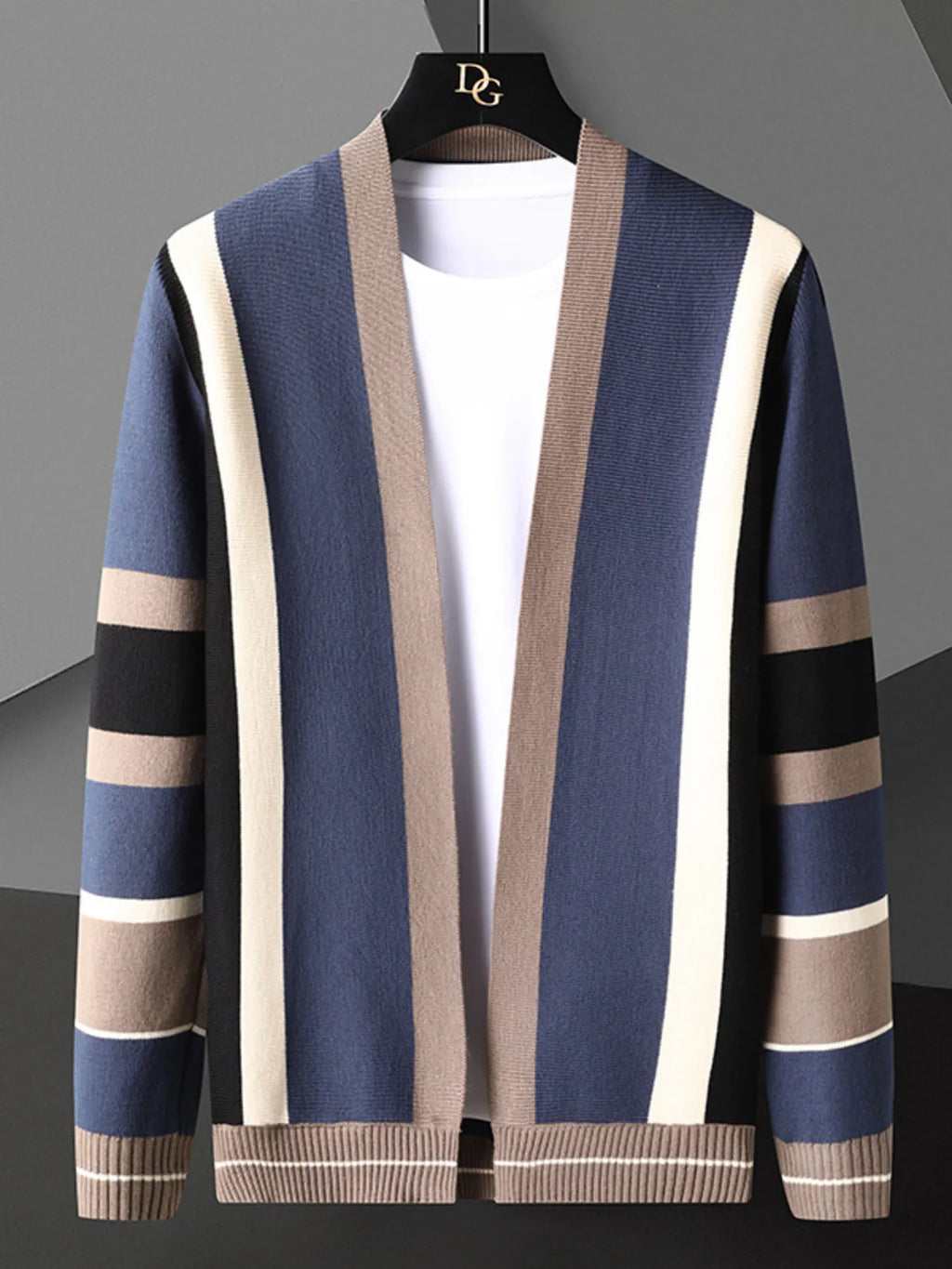 Men's Plus Size Striped Open Front Knit Cardigan